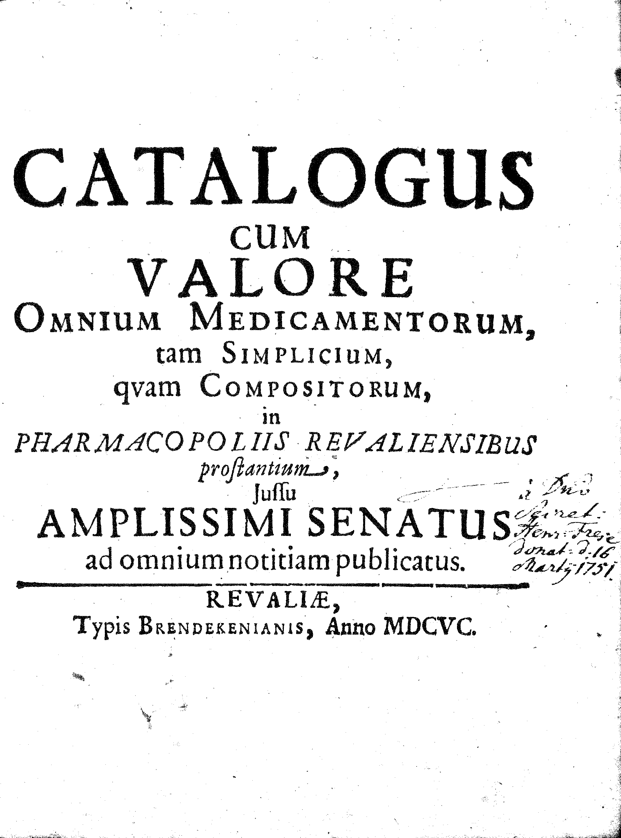 E. E. Raths Der Königl. Stadt Reval Eingeführte Apotheker-Ordnung und TAXA