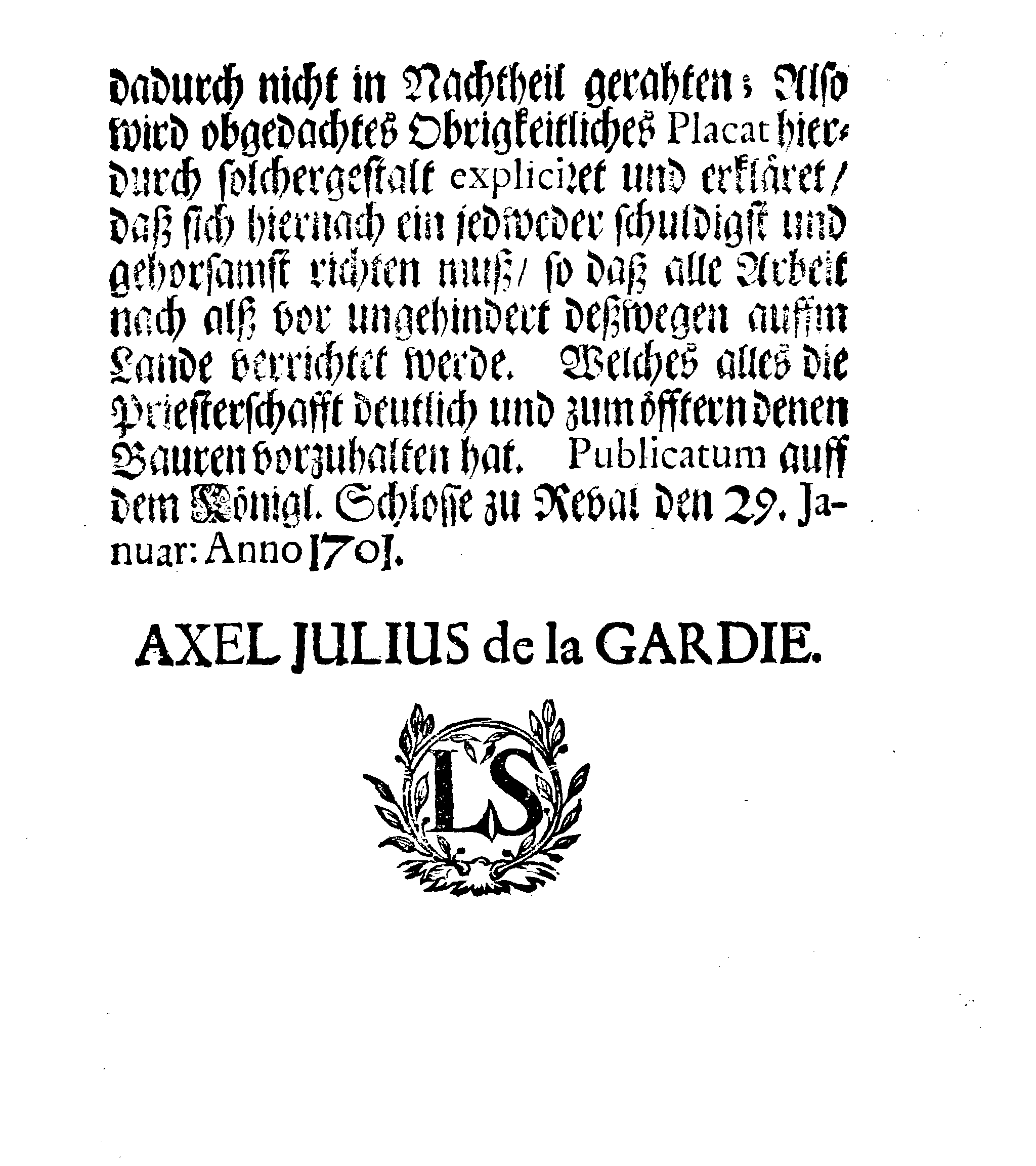 [Axel Julius De la Gardie korraldus]