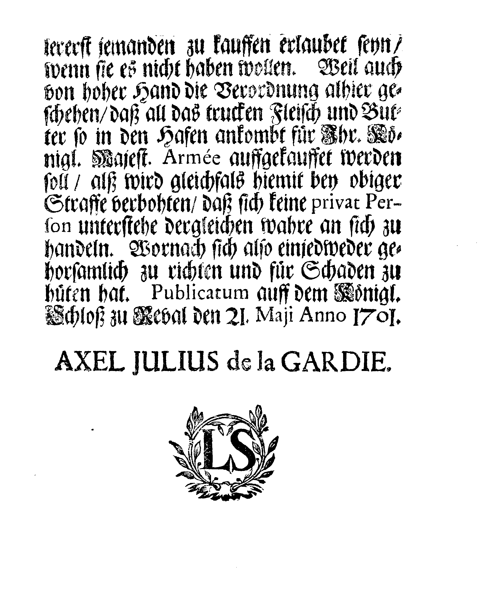 [Axel Julius De la Gardie korraldus]