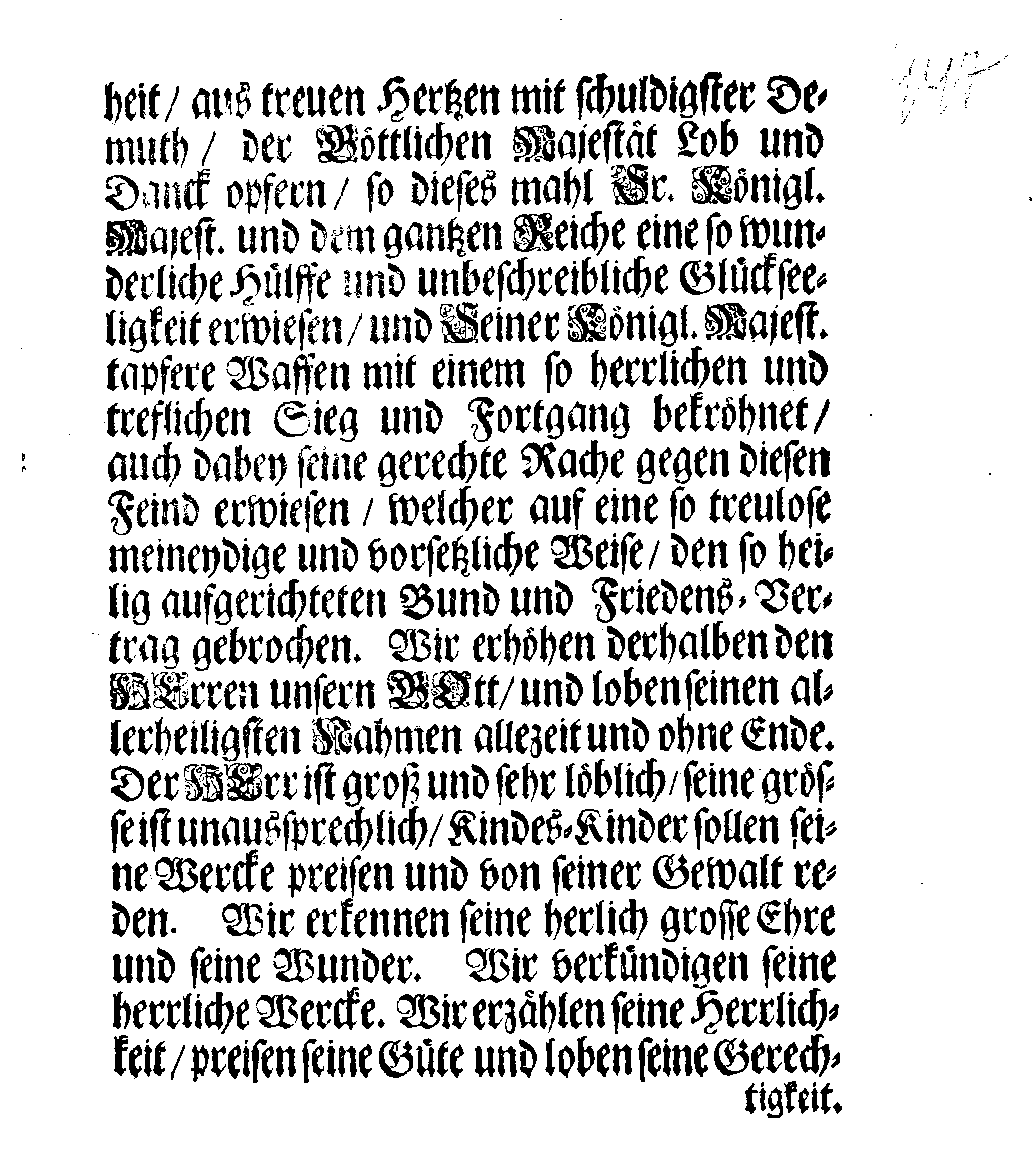 Dancksagungs-Schrifft über den herrlichen SIEG, Mit welchem Gott der Allerhöchste beseeliget hat Sr. Königl. Majest. Unsers allergnädigsten Königes rechtmäßige Waffen Wieder Dessen Feind, Den König in Pohlen, Samt Dessen Sächsische und Pollnische Armée bei Cliskow in Klein Pohlen den verwichenen 9/19 Julii Nach Sr. Königl. Majest. allergnädigsten Befehl, Verlesen in allen Versamlungen, über gantz Schweden Reich, und dessen unterliegenden Ländern und Herrschaften den 20. November, Anno 1702