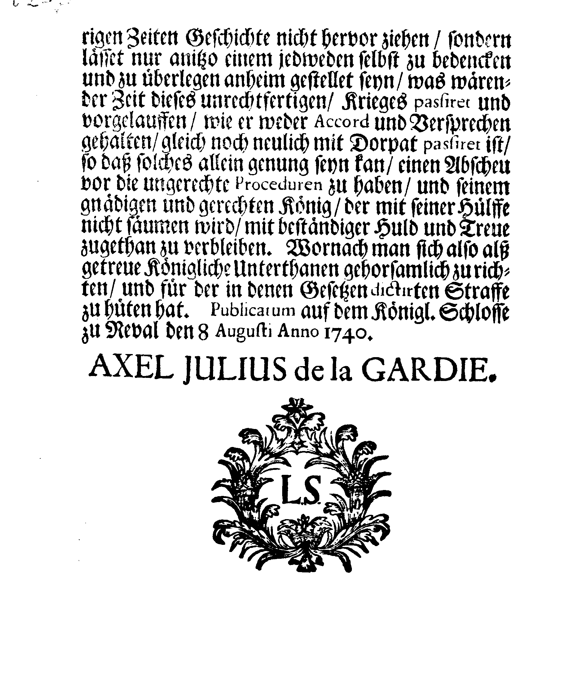 [Axel Julius De la Gardie korraldus]