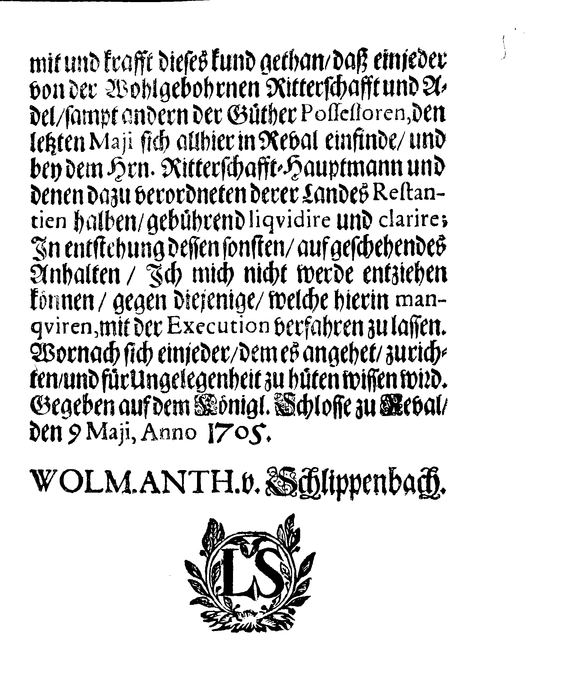 [Wolmar Anton von Schlippenbachi korraldus]