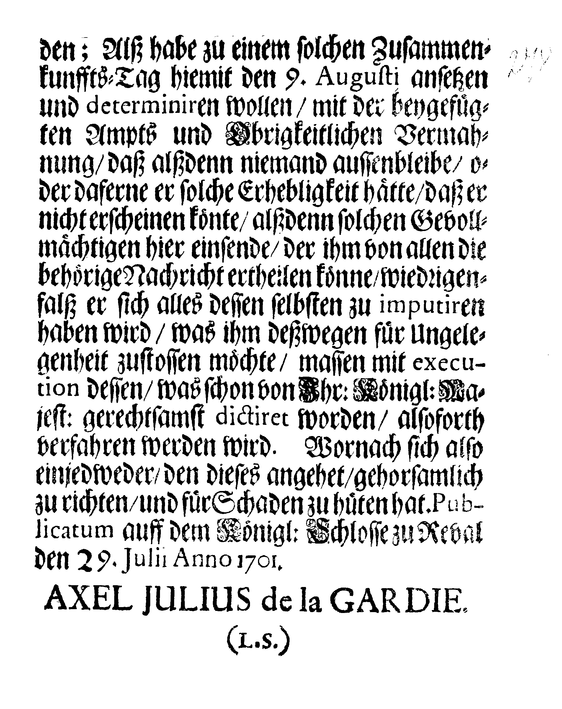 [Axel Julius De la Gardie korraldus]