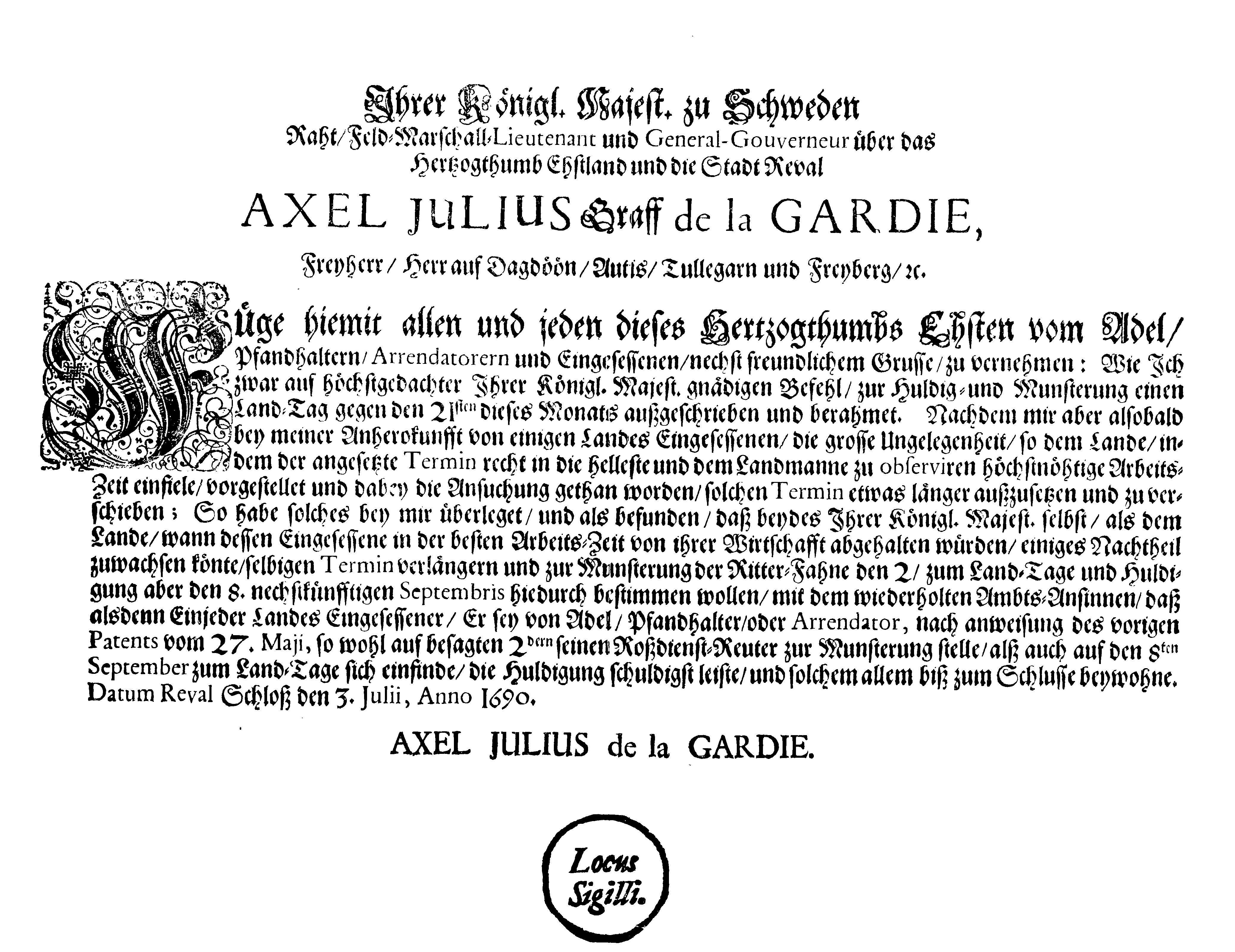 [Axel Julius De la Gardie korraldus]