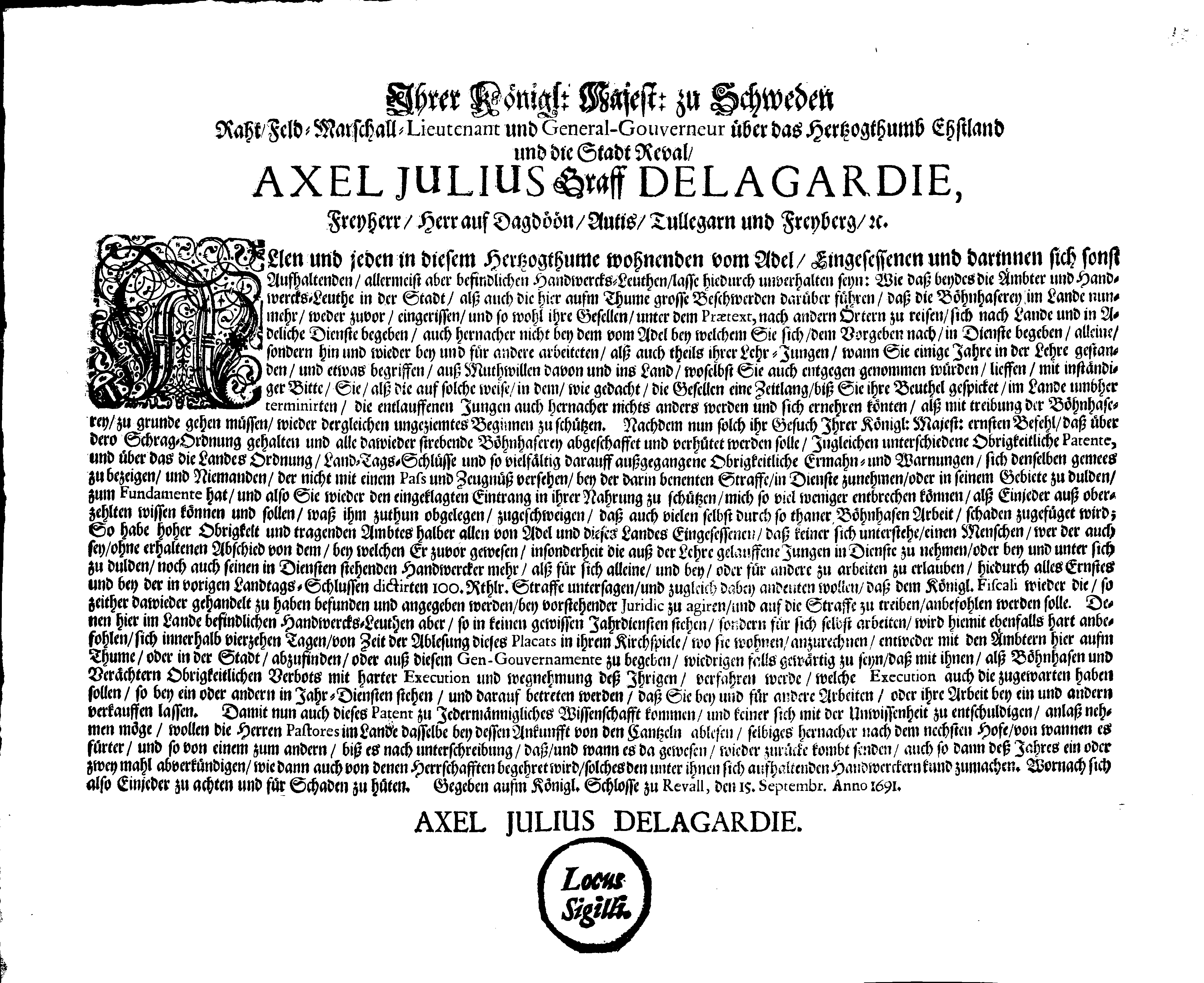 [Axel Julius De la Gardie korraldus]