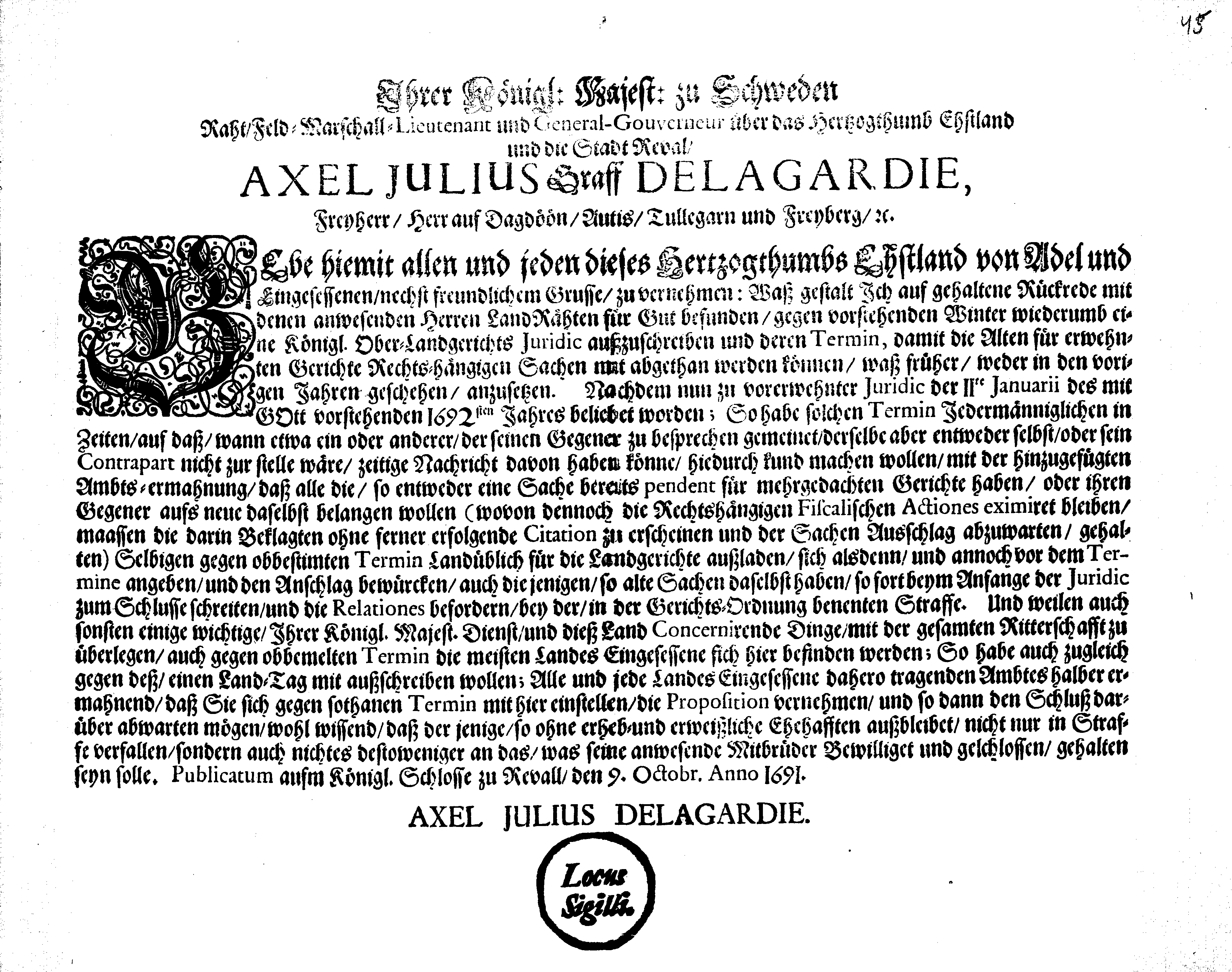 [Axel Julius De la Gardie korraldus]