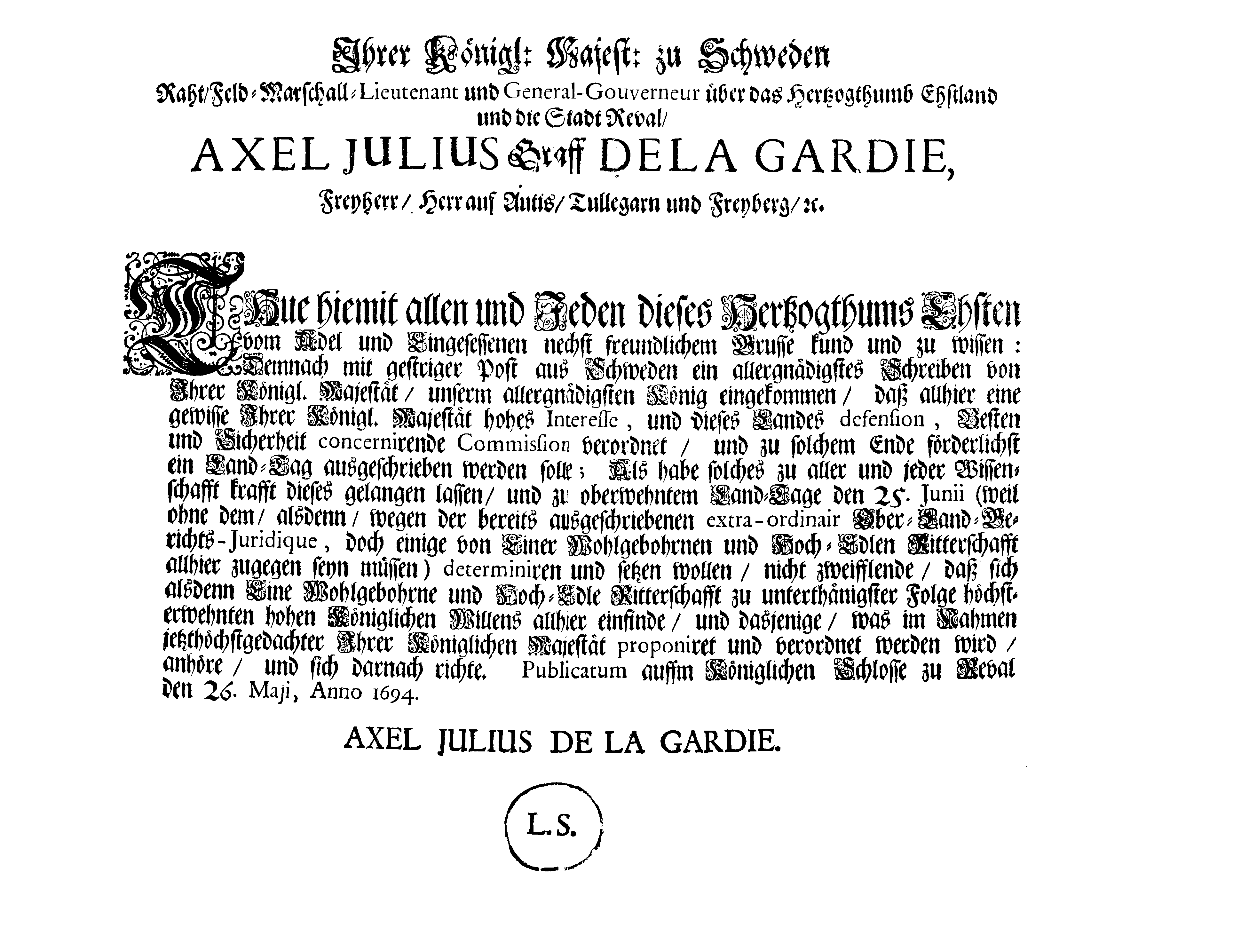 [Axel Julius De la Gardie korraldus]