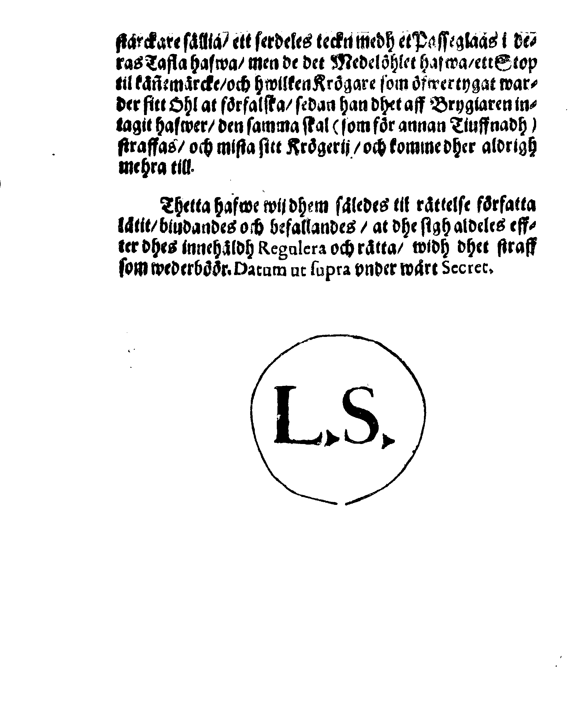 Stadga för BryggiareEmbetet och huru med des Öhlprof och Taxa förhållas skal, jemwäl Krögarne som thet Kannetahls försällia, aff samptelige Borgmestare och Råd här i Stockholm, stadgat och förordnat den 9. Decemb. Anno 1640