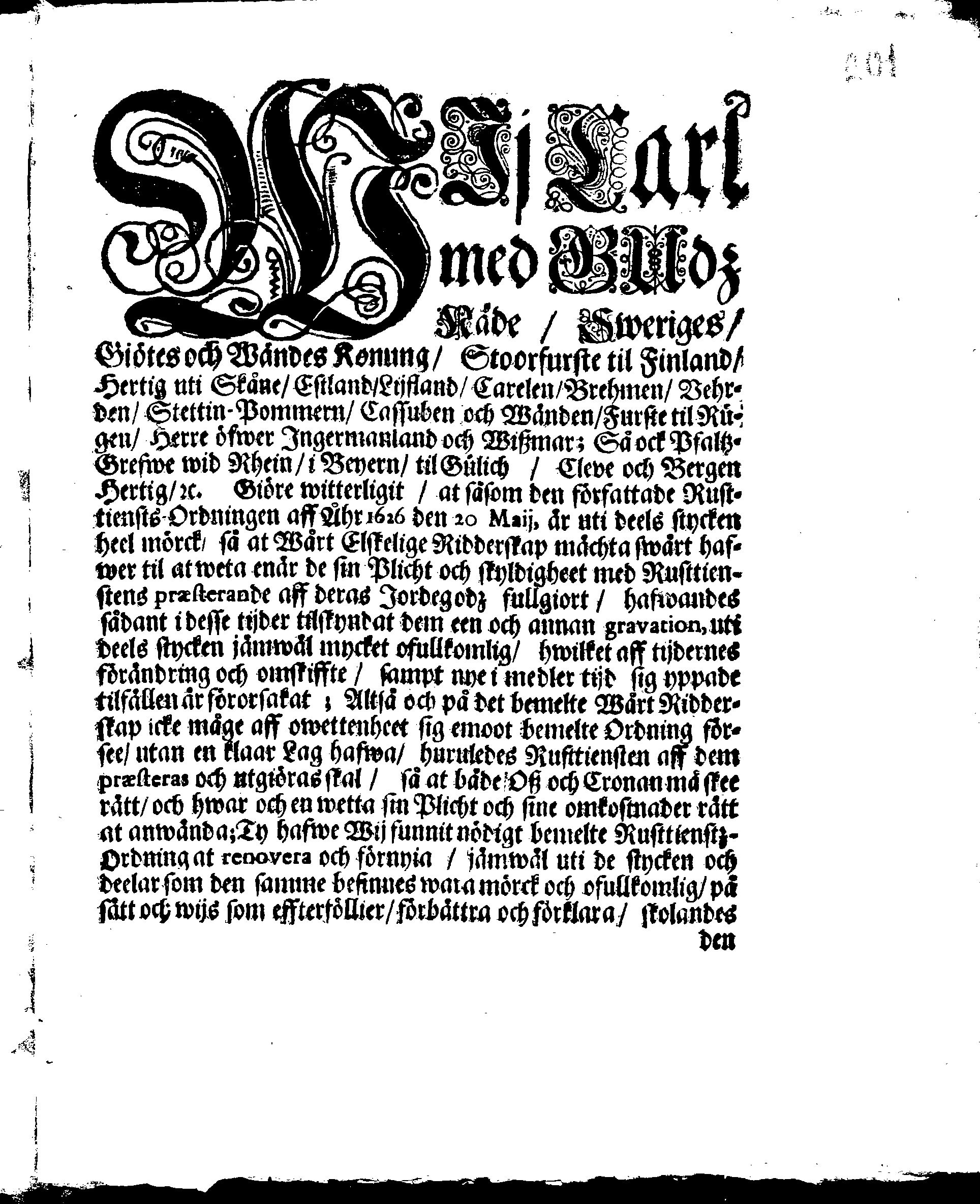 Kongl. May:tz Rusttienstz Ordning, Allom Wederbörandom til Effterrättelse