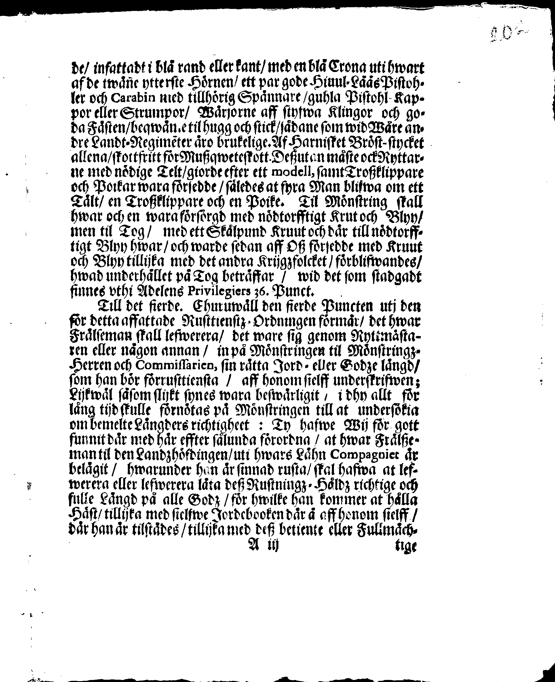 Kongl. May:tz Rusttienstz Ordning, Allom Wederbörandom til Effterrättelse