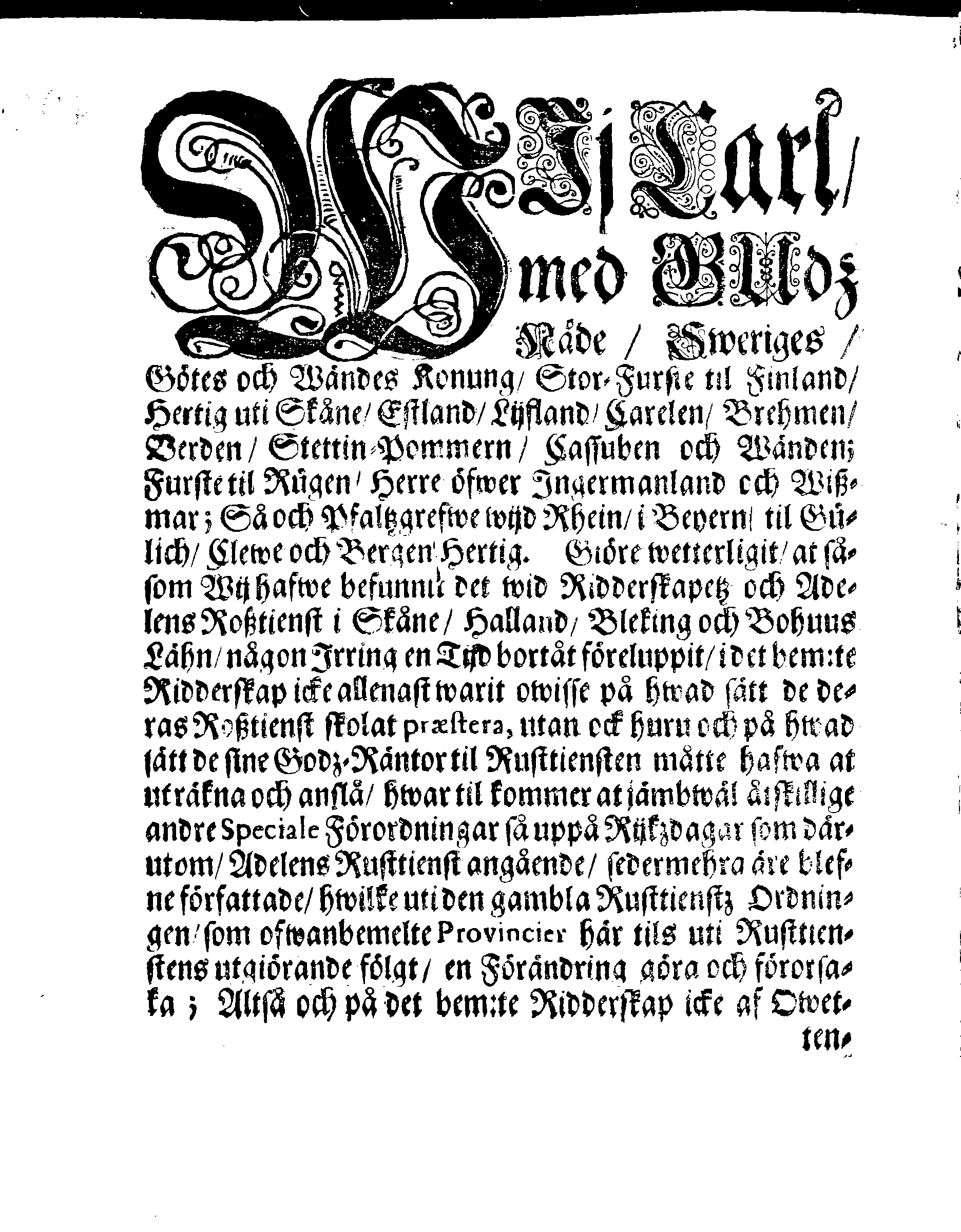 Kongl. May:tz Rusttiensts Ordning, Angående Ridderskapet och Adelen uti Skåne, Halland, Bleking och Bahuus Lähn