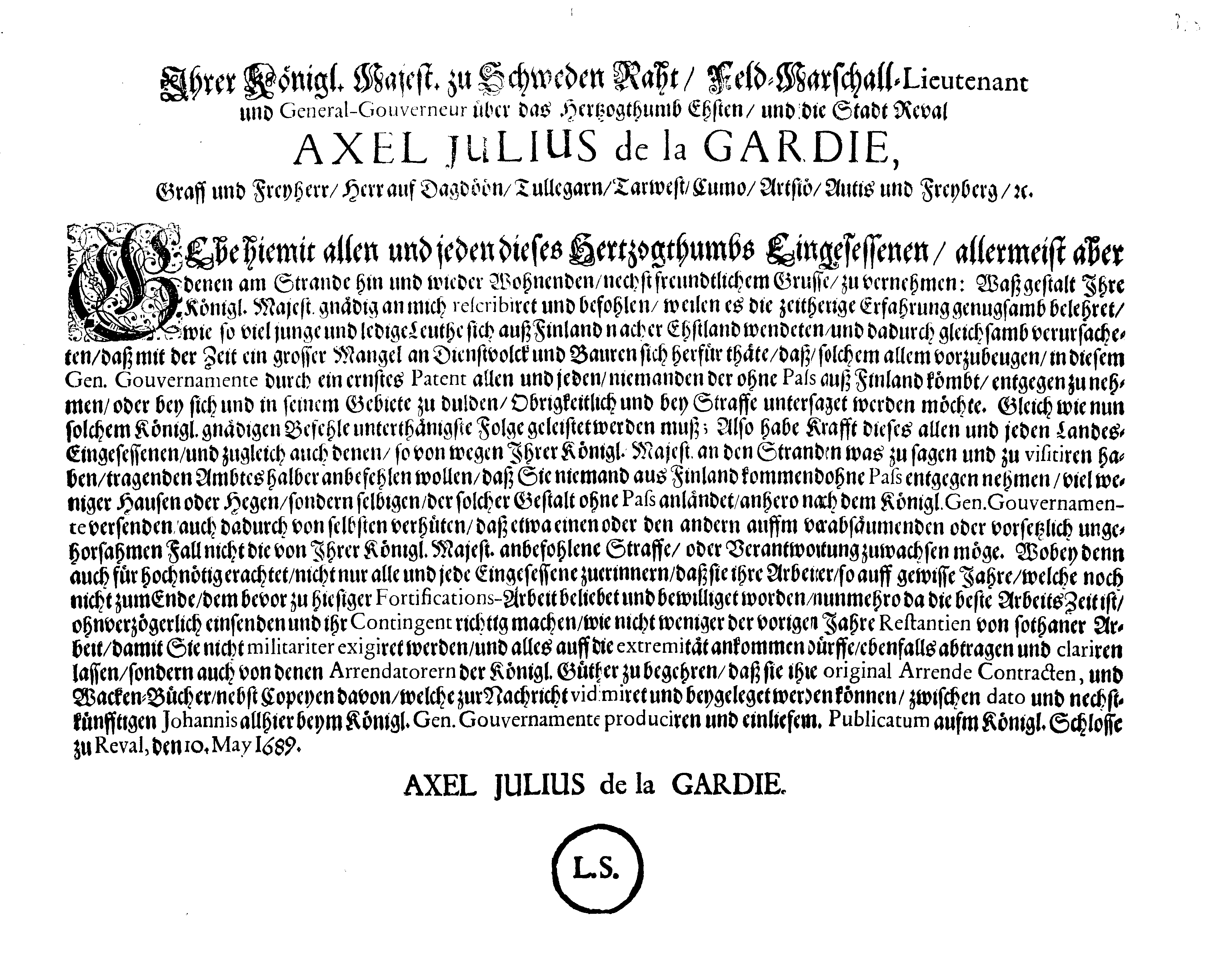 [Axel Julius De la Gardie korraldus]