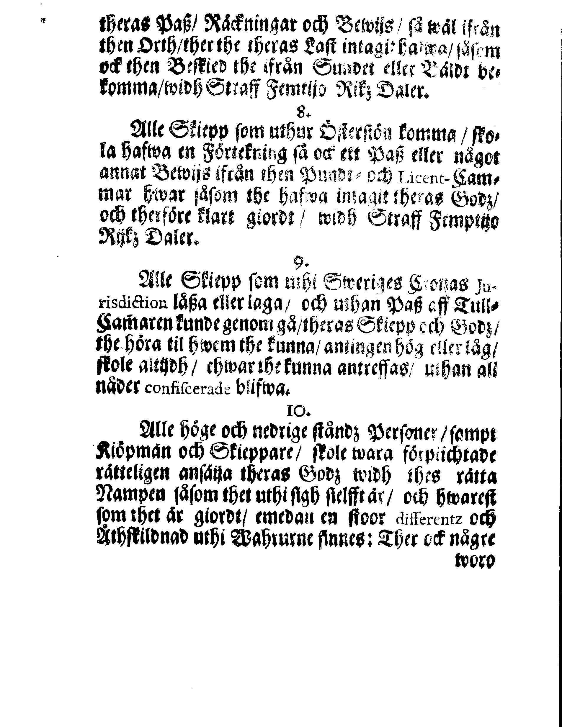 Kongl. May:tz ORDNING, Hwar effter Kiöpmän och Skieppare som på Swerige och Frinnland handla sigh uthi In- och Uthseglande rätta skole