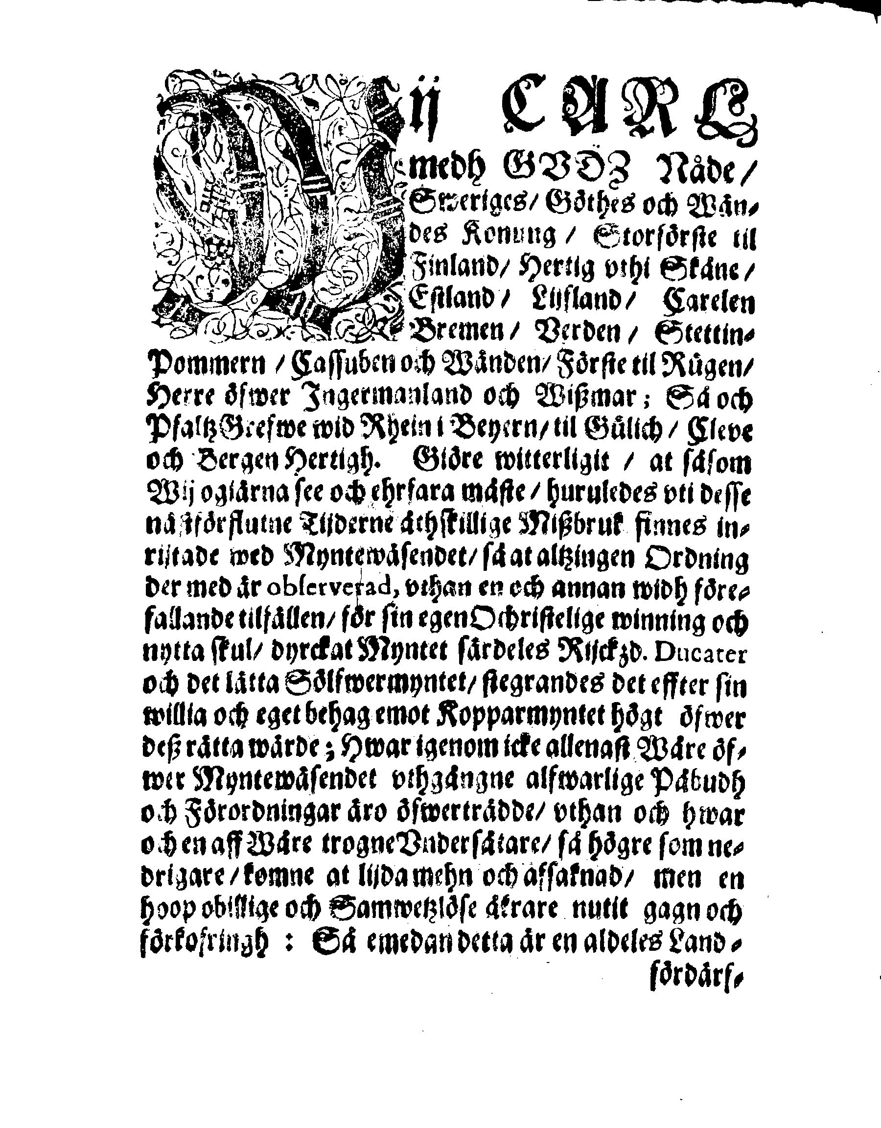 Kongl. May:tz Nådige Förordning om Myntet