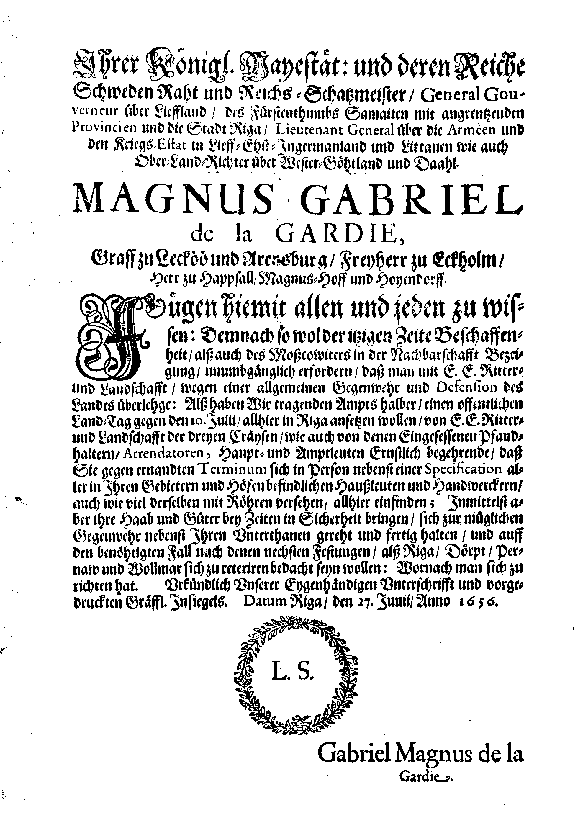 [Magnus Gabriel De la Gardie korraldus]