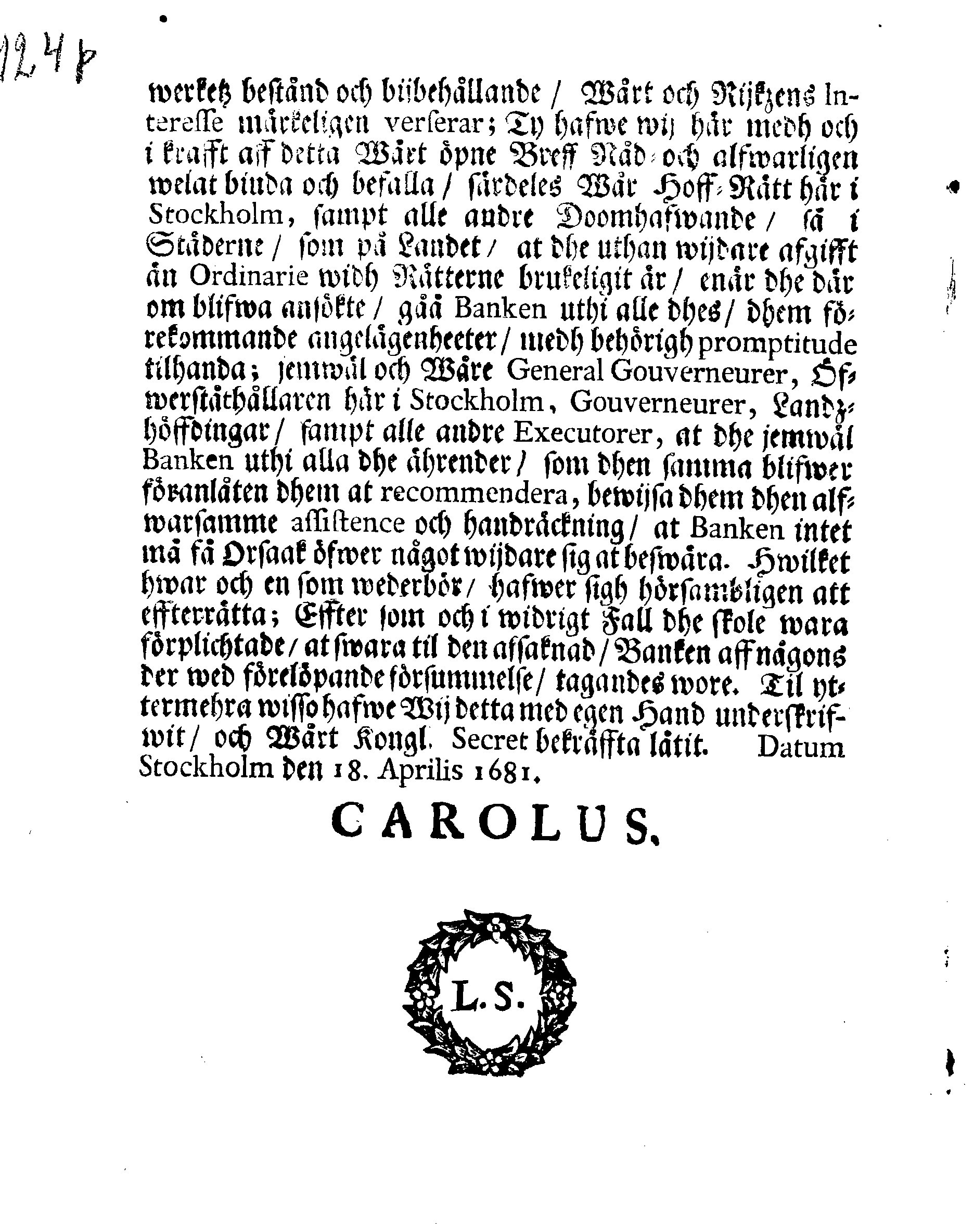 TRANSUMT Aff Kongl. May:tz Nådige Stadfästelse och Försäkring, angående Stendernes Banco samt des tillhörige Wilkohr, Fördehlar och Rättigheter