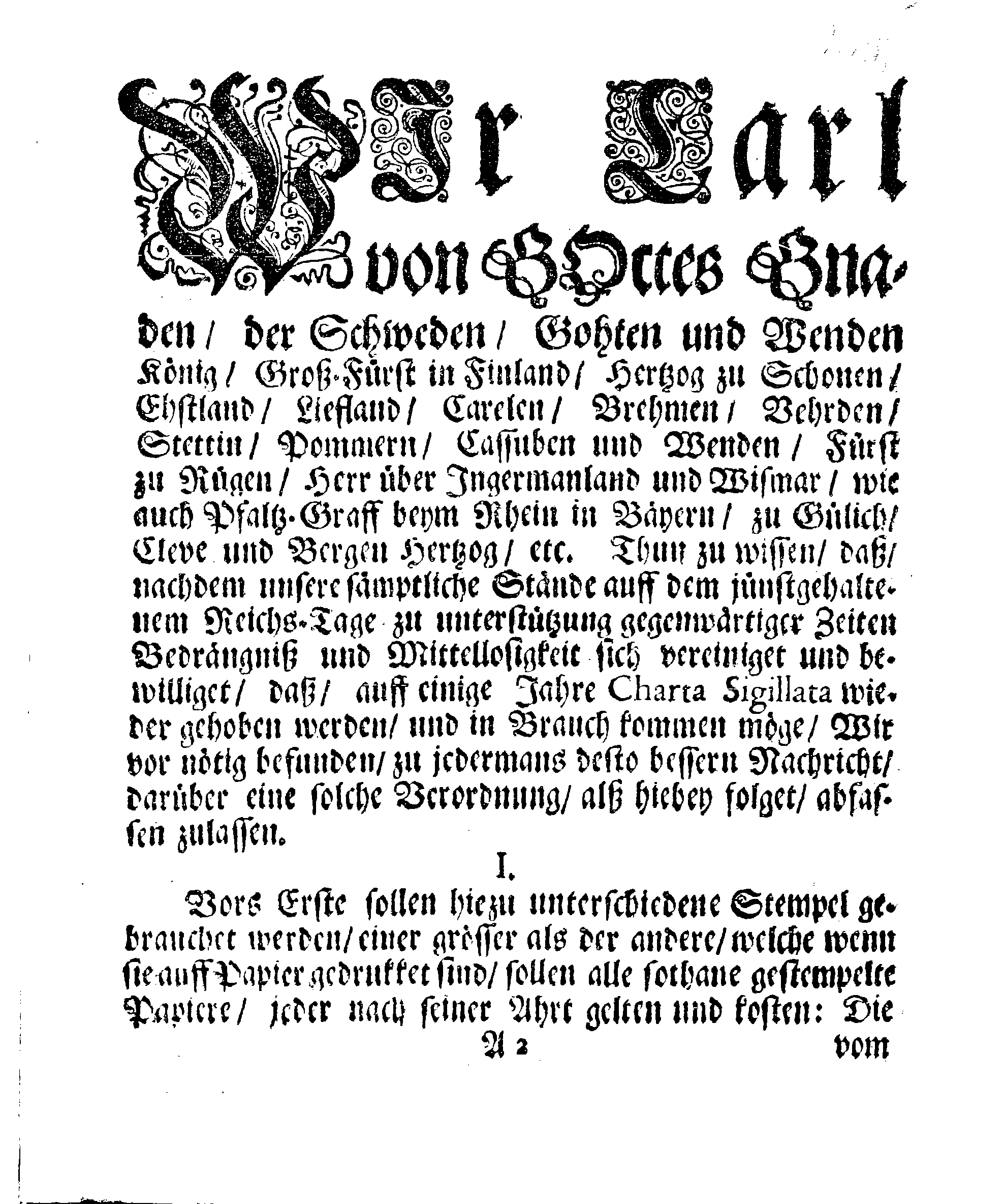 Ihrer Königl. May.tt Stadga und Verordnung, Angehend CHARTAM SIGILLATAM oder Gestempelt Papier