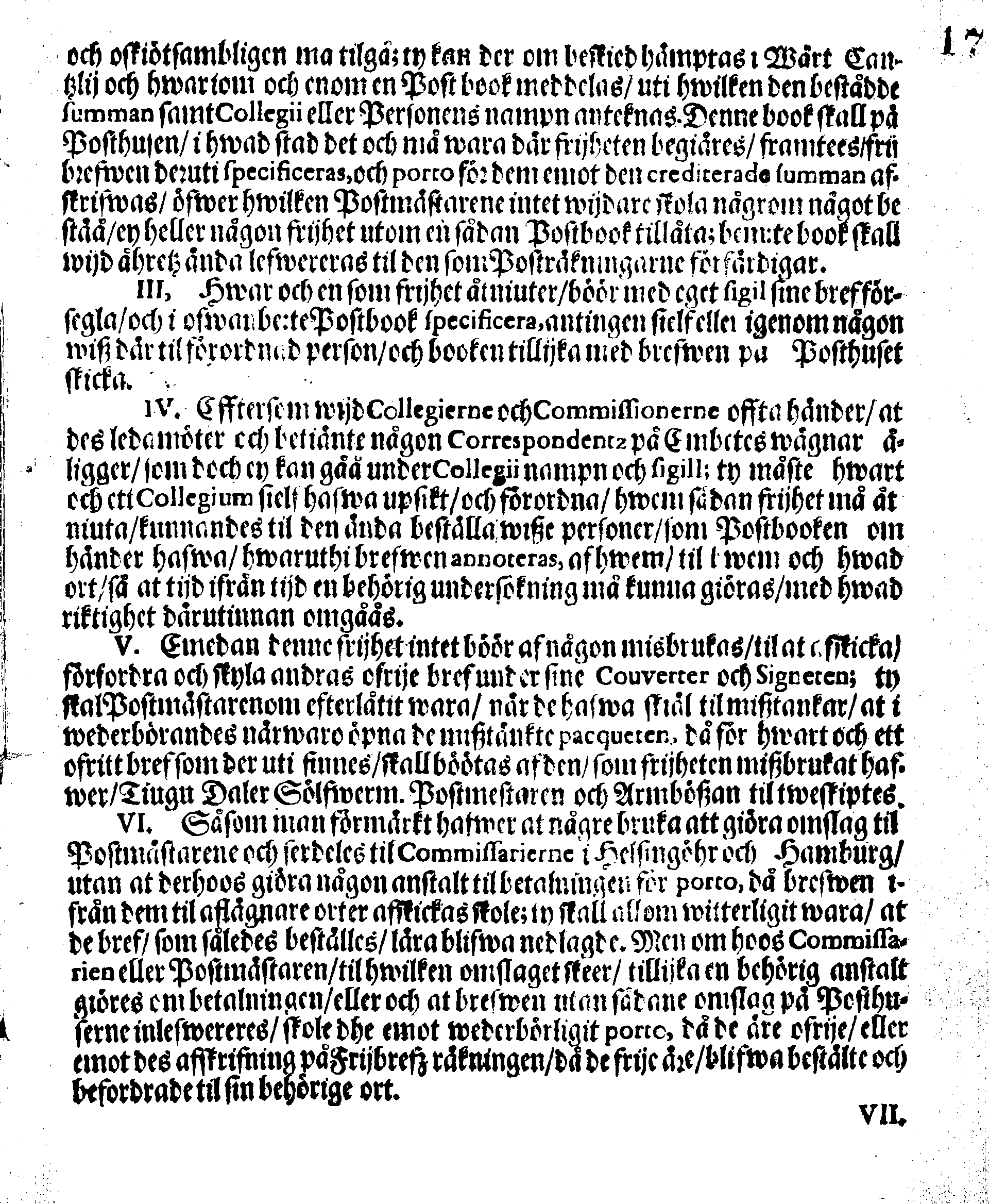 Kongl. May:tz Förordning Angående Frij Bref på Posthusen