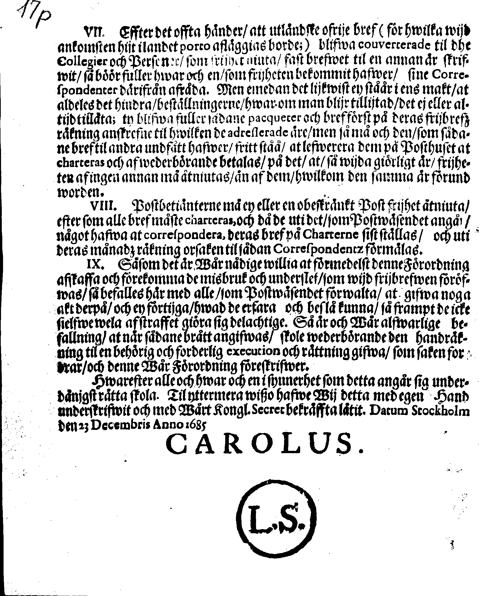 Kongl. May:tz Förordning Angående Frij Bref på Posthusen