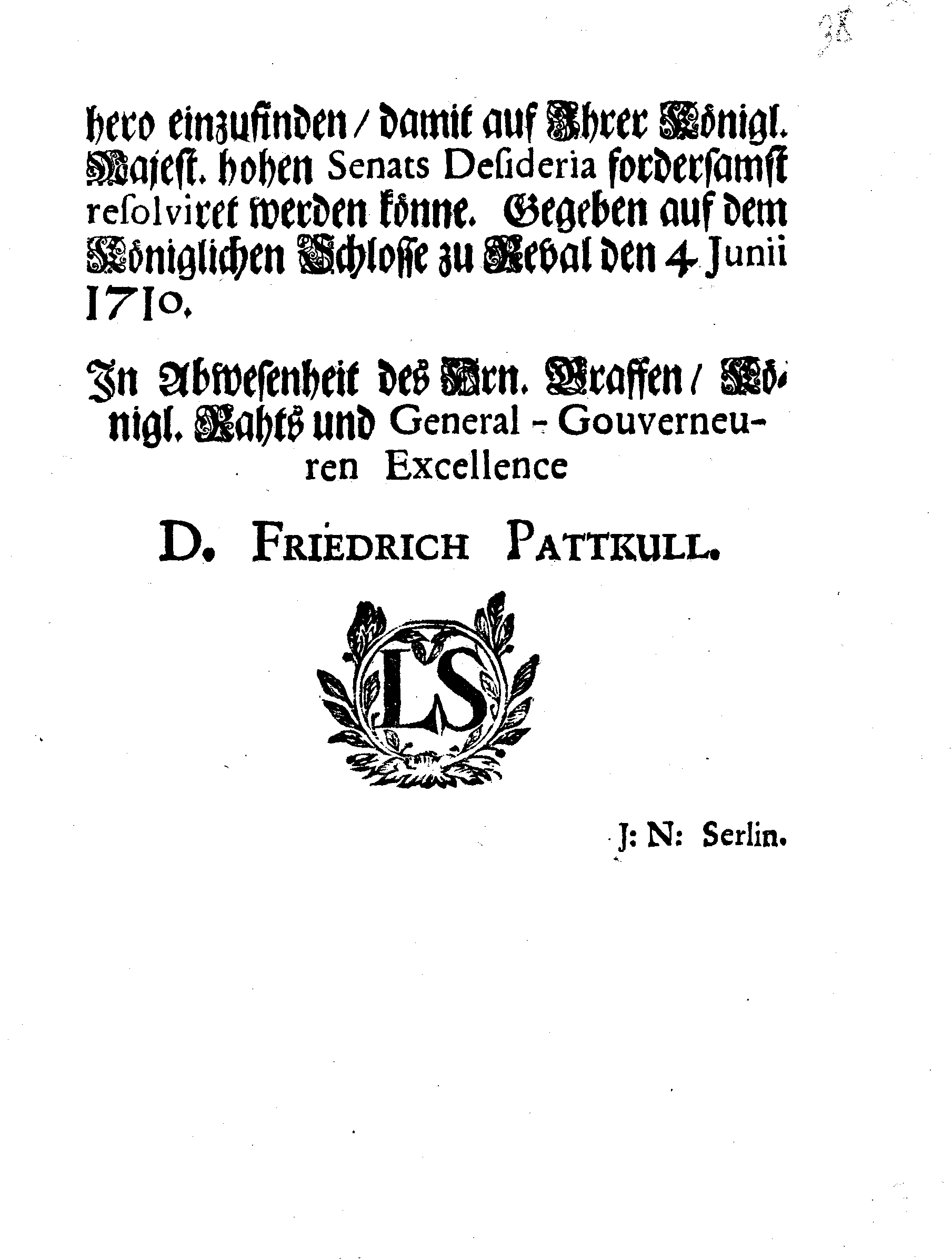 [Friedrich Patkulli korraldus Karl Nierothi nimel]