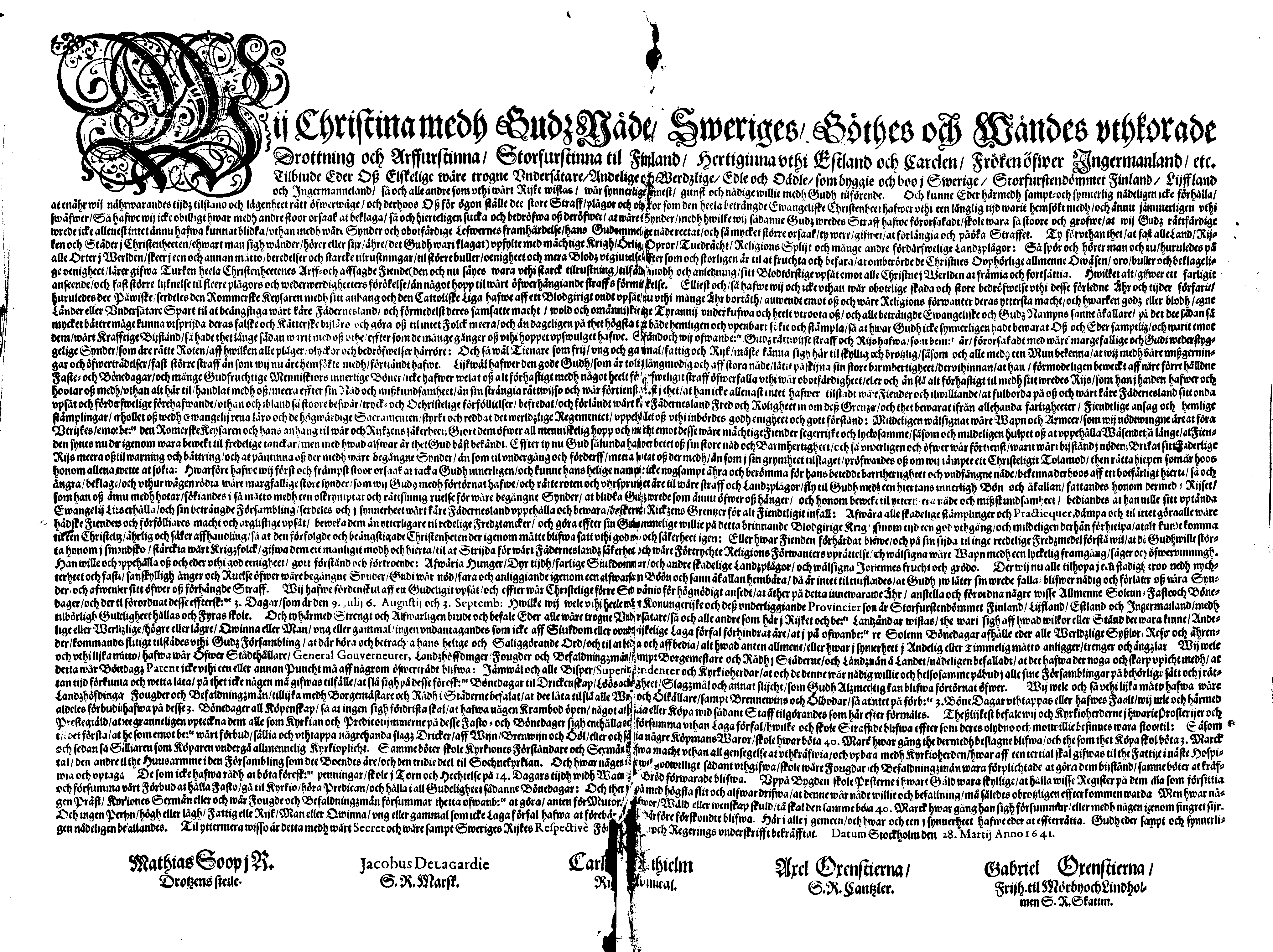 [Kuninganna Kristiina eestkostevalitsuse korraldus]