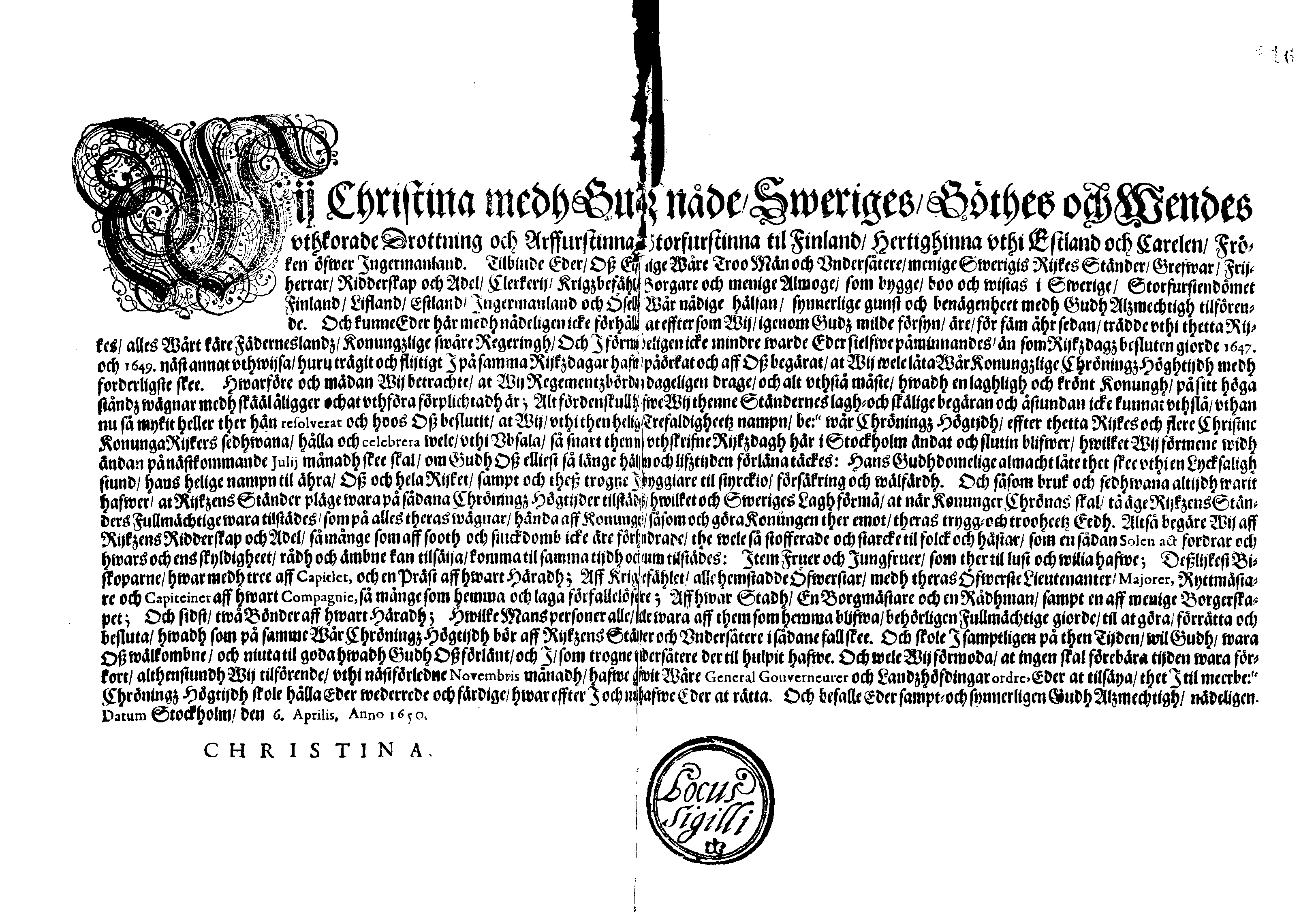 [Kuninganna Kristiina teadaanne]