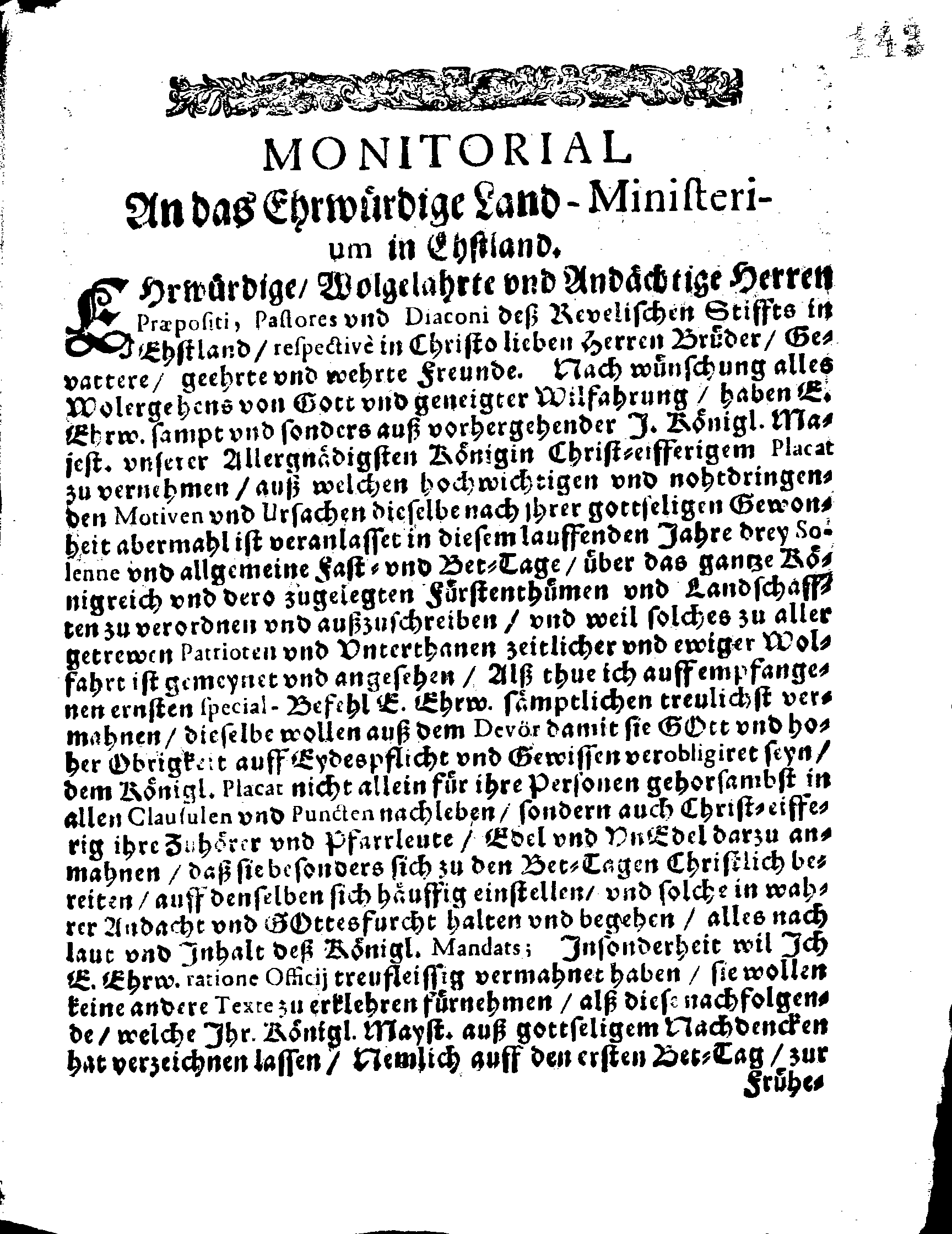 MONITORIAL An das Ehrwürdige Land-Ministerium in Ehstland