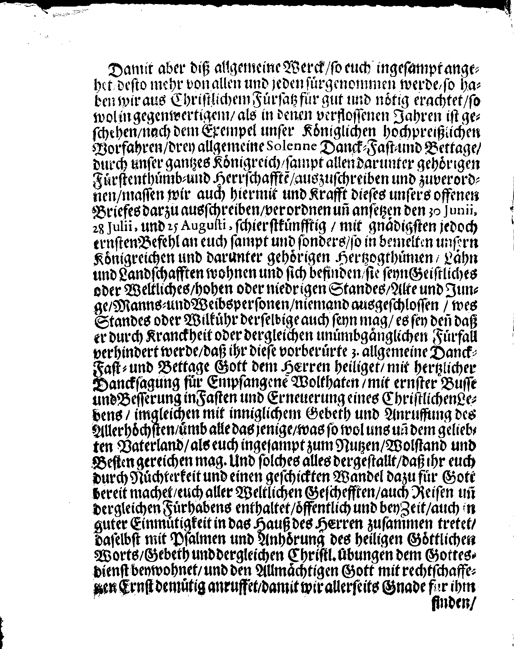 Ihrer Königl. Mayst. PLACAT, Wegen der drei allgemeinen Solennen Danck-Fast- und Bet-Tagen, so in istlauffenden 1671sten Jahre, durch gantz Schweden und darunter liegenden Provincien, sampt dem Groß-Fürstenthumb Finland, wie auch Ehst-Lieff- und Ingermanland sollen gehalten und gefeiret werden
