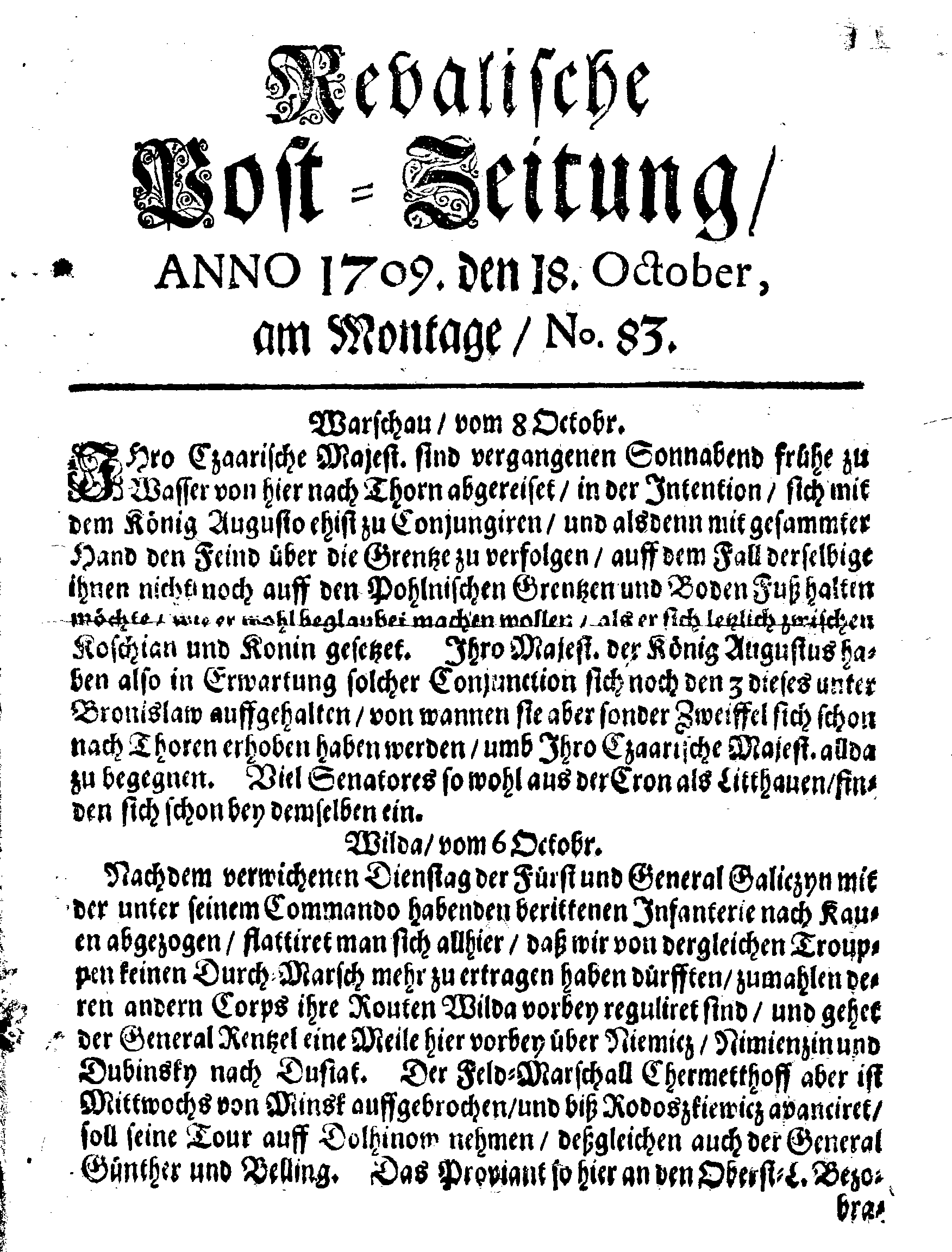 Revalische Post-Zeitung, ANNO 1709. den 18. October, am Montage, No. 83