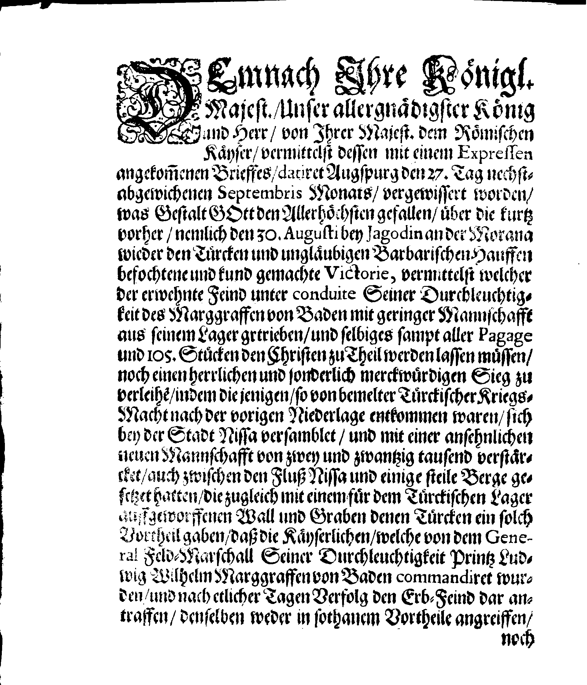 Dancksagung für Die von denen Käyserlichen wieder den Erbfeind den Türcken den 30. Augusti und 14.Septembris dieses 1689sten Jahres erhaltene Siege. Welche in denen Versamblungen des gantzen Königreichs Schweden und Revall den 1. Decembris des vorerwehnten Jahres