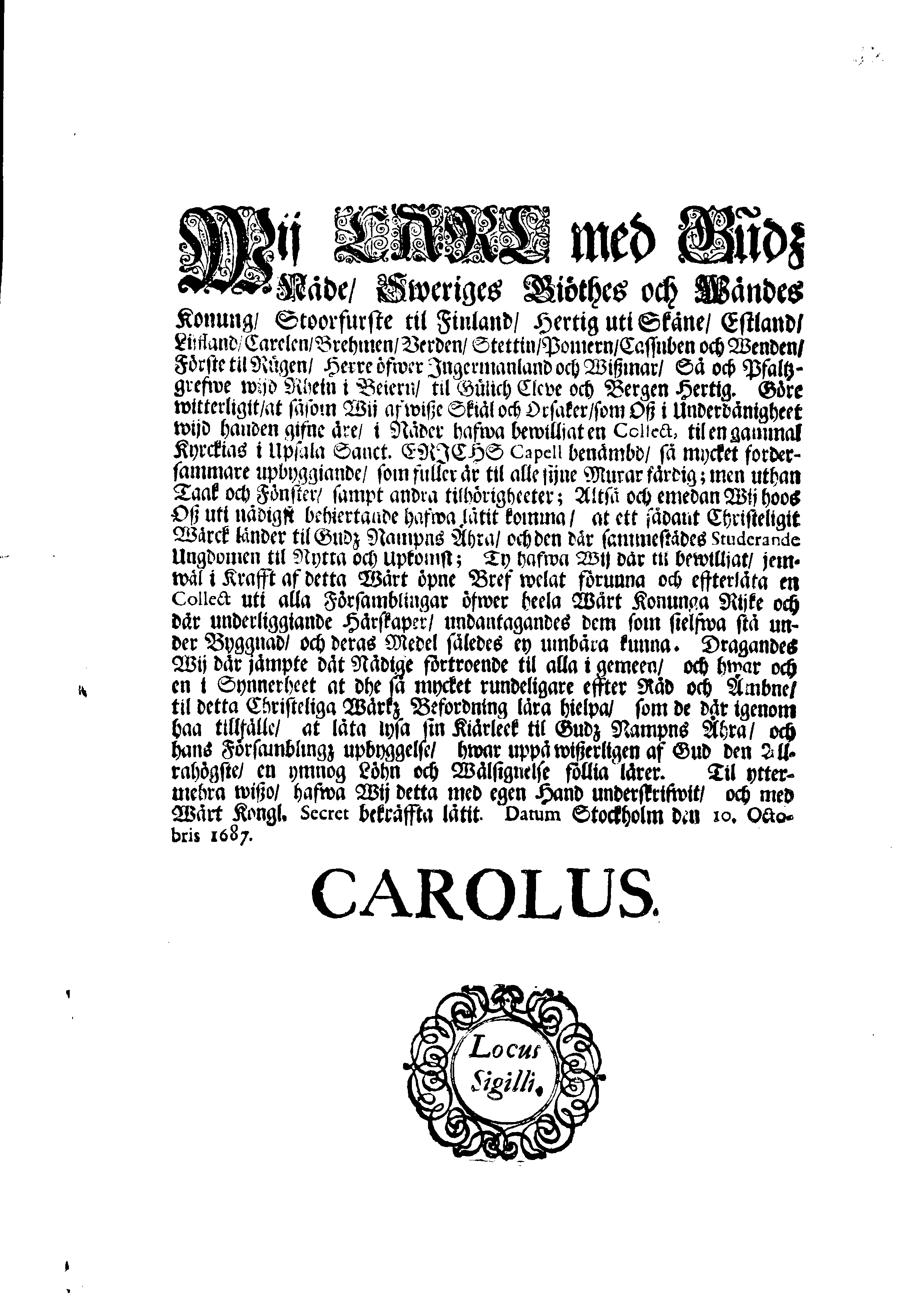 [Kuningas Karl XI läkitus]