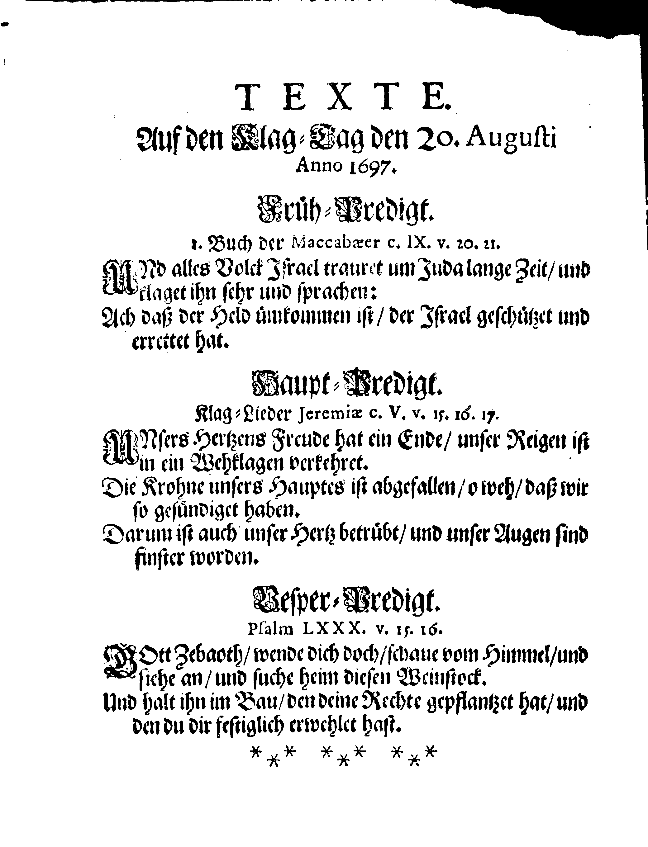 Ihr: Königl: Majest: PLACAT, Wegen eines algemeinen Klag-Tages, so über Ir: Königl: Majest: unsers weiland allergnädigsten und in stetem Andencken glorwürdigsten Königs, Königs CARLS des XItens, Höchstbetraurenden Todesfall, über das gantze Schwedische Reich und in allen darunter liegenden Fürstenthümern und Herrschafften, den 20. Augusti 1697. gehalten und begangen werden soll. Ausgegangen in selbigem Jahr, den 22. April