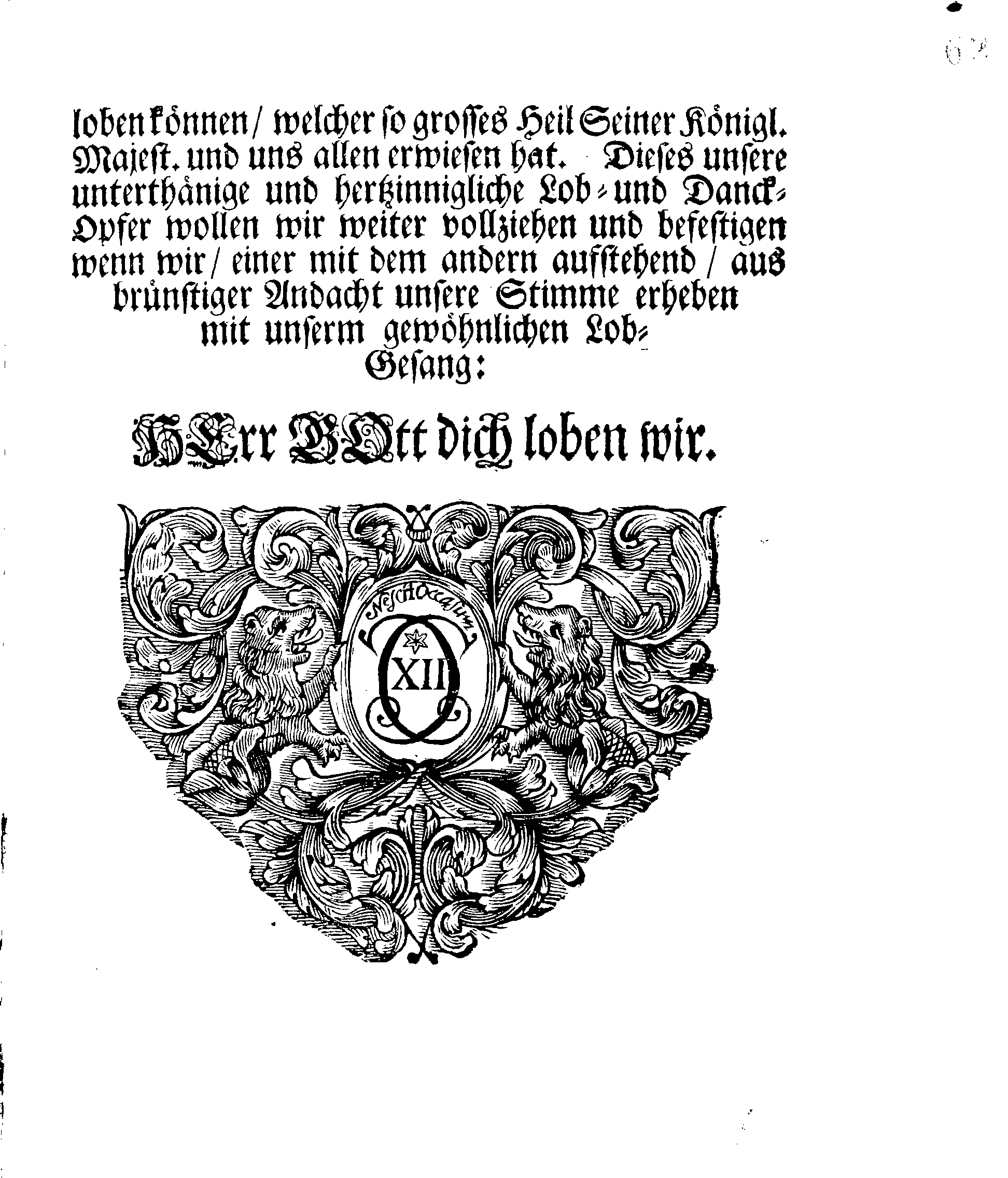 Danck-Schrifft über Ir. Königl. Majest. Rechtmäßige und tapfere Waffen glücklichen Fortgang, womit GOTT dem Allerhöchsten gefallen dieselbe in dem nechstverflossenen Feld-Zuge zu beglücken und zu bekröhnen, wieder Den König von Pohlen und dessen Krieges-Volck, Durch das sieghaffte Treffen bey Pultousk den 21. Aprilis, Und Eroberung der Stadt Thorn den verwichenen 4. Octobris sowohl als sonst. Nach Ir. Königl. Majest. Gnädigsten Befehl, Verlesen in allen Versammlungen in dessen gantzen Reiche Schweden, Groß-Fürstenthum Finnland und denen darunter liegenden Hertzogthümern, Ländern und Herrschafften, den 12. Februarii im Jahr 1704