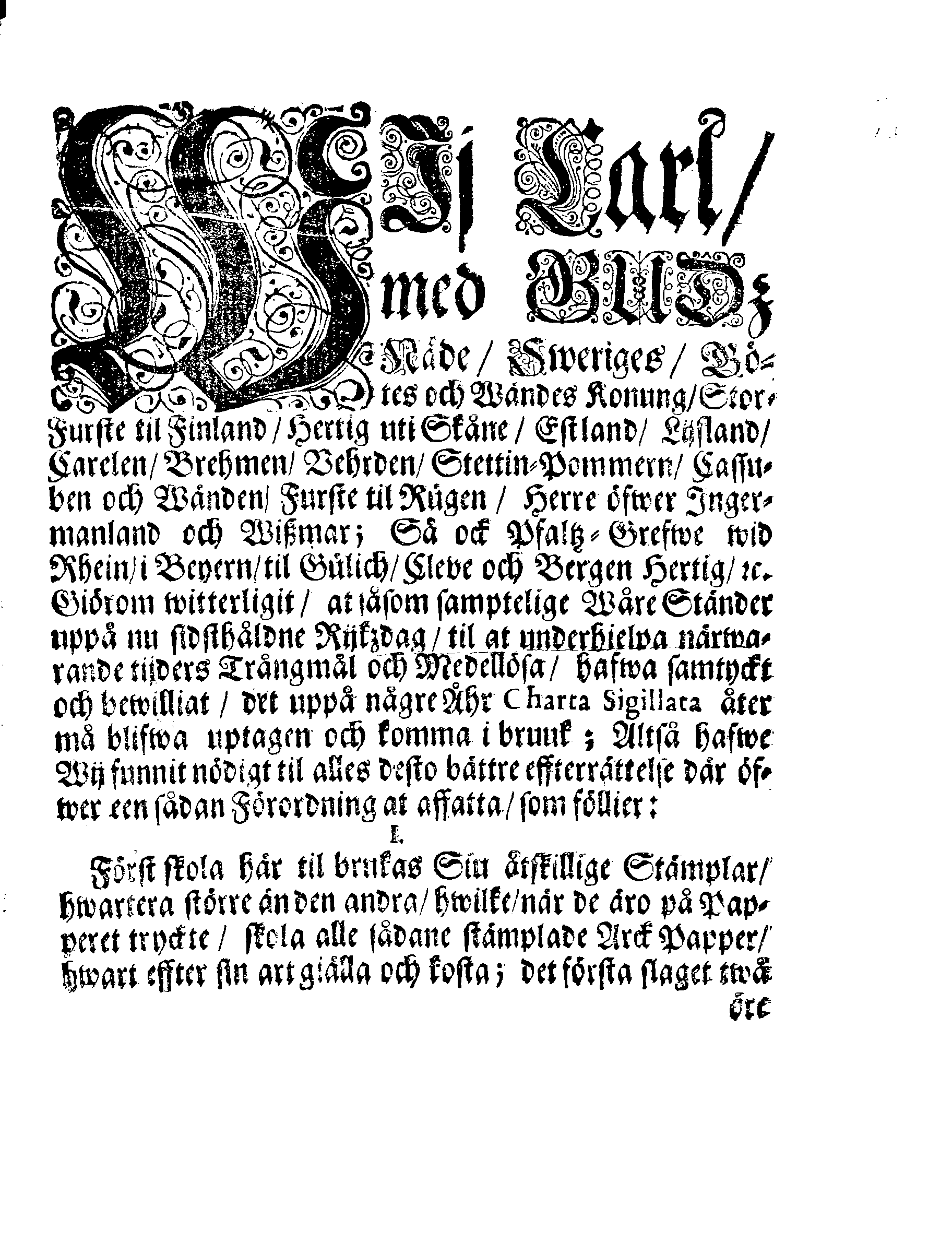 Kongl. May:tz Stadga och Förordning, Angående CHARTA SIGILLATA, Eller Stämplat Papper,