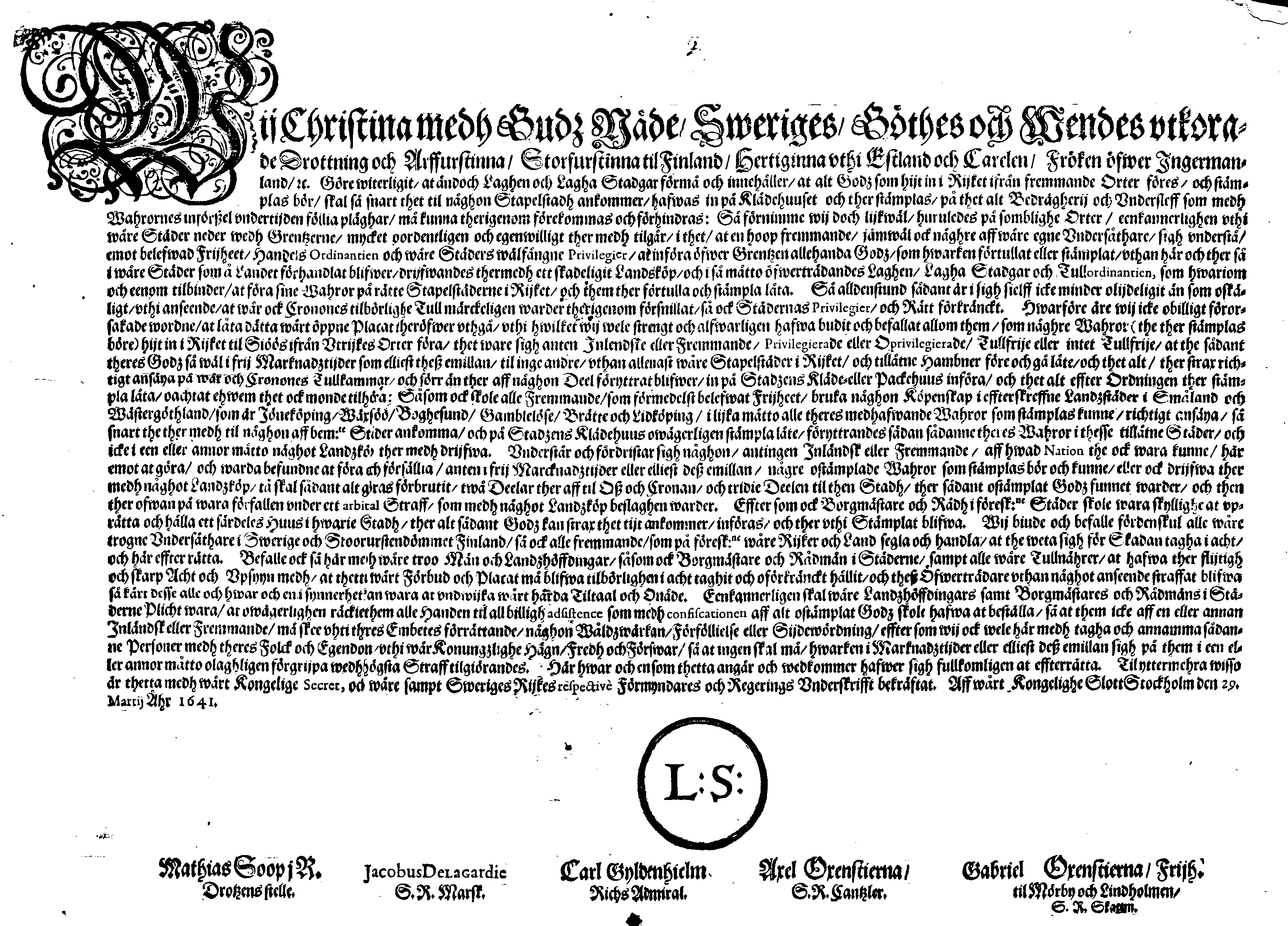 [Kuninganna Kristiina eestkostevalitsuse korraldus]