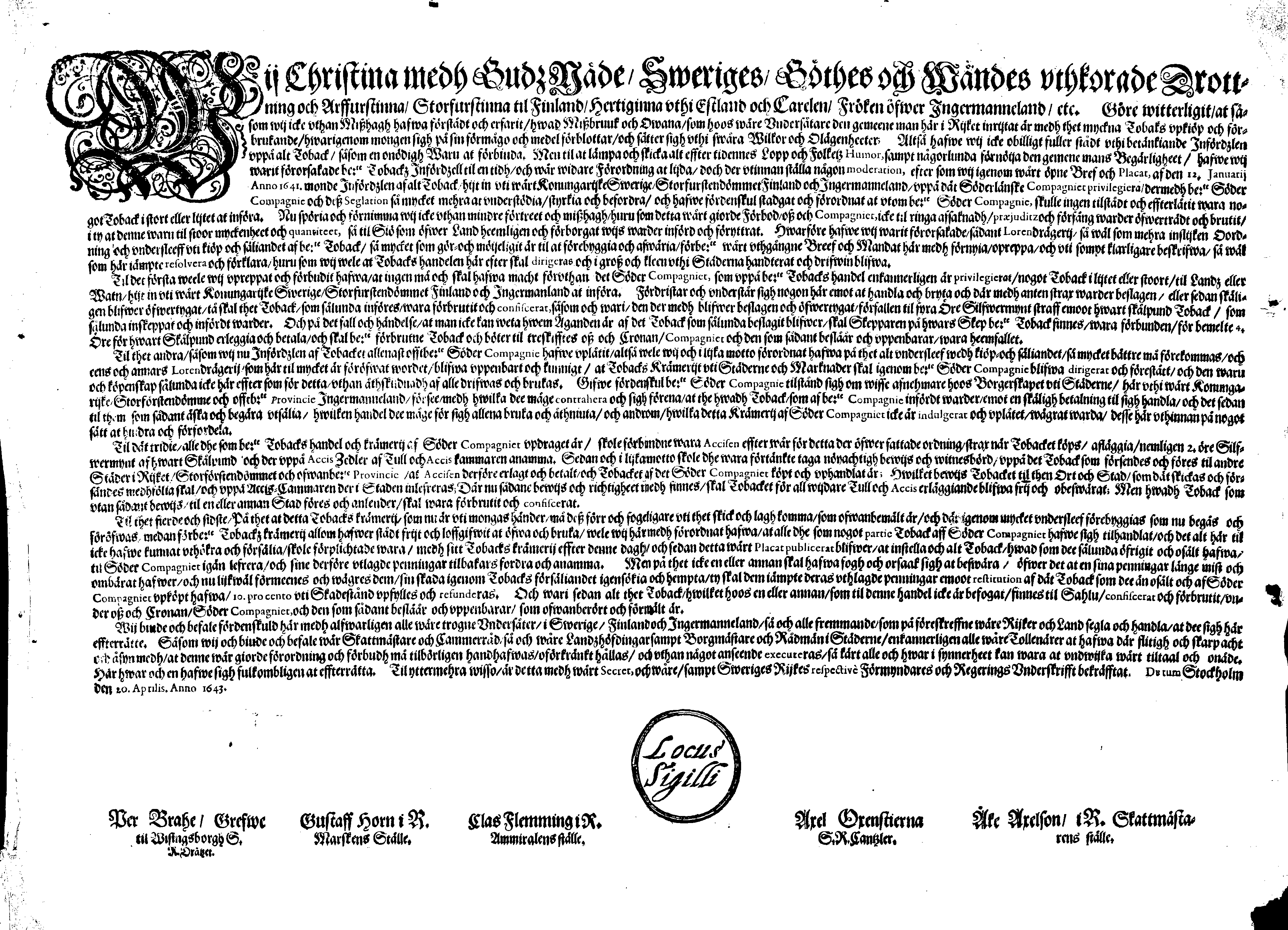 [Kuninganna Kristiina eestkostevalitsuse korraldus]