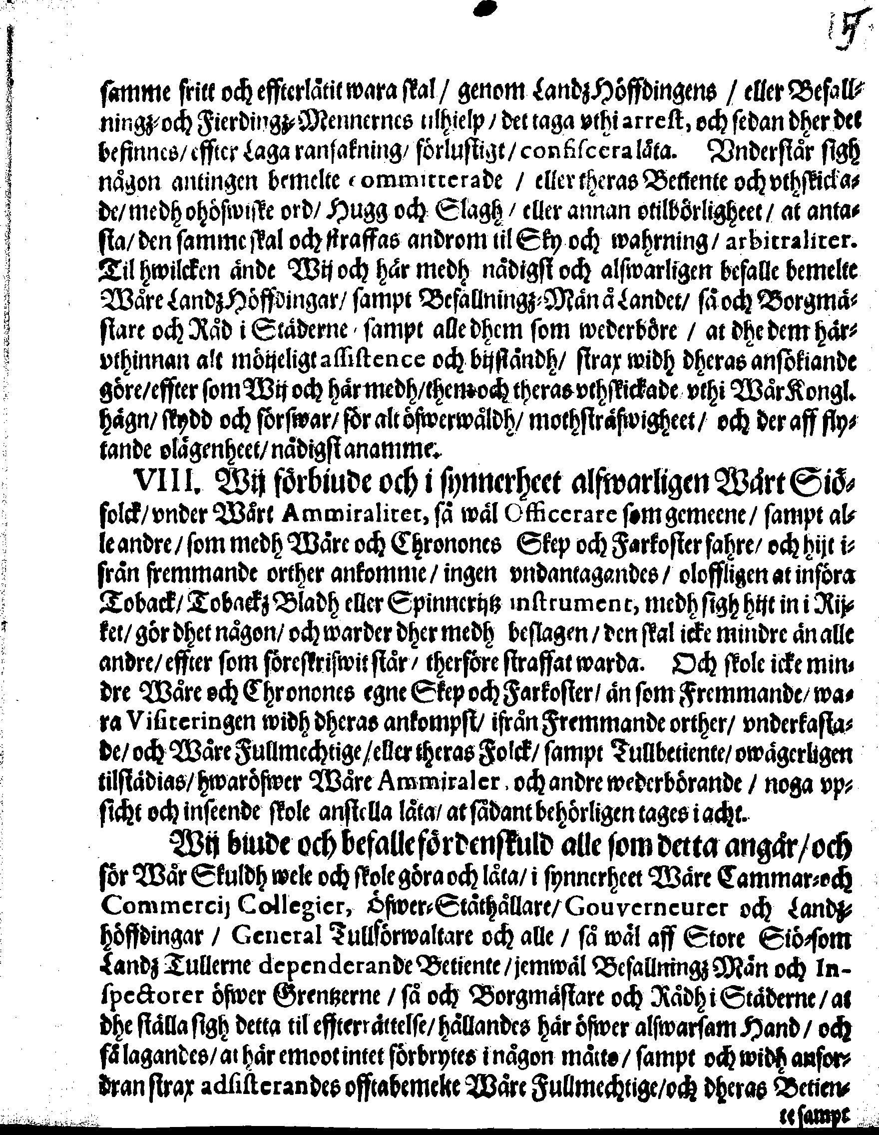 Kongl. May:tz PLACAT, Angående Tobackz-Handelen öfwer heele Sweriges Rijke