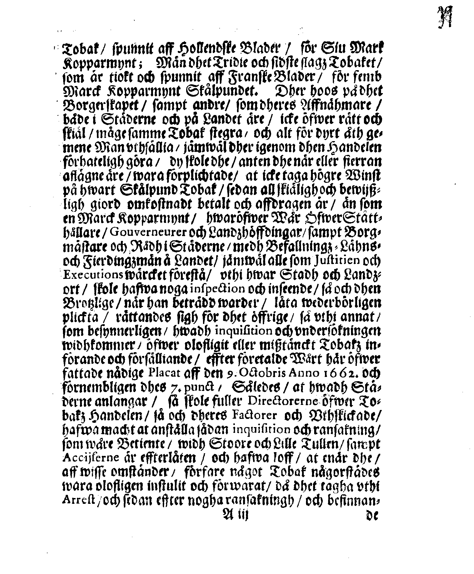 Kongl. May.tz PLACAT, Öfwer Tobackz Handelen