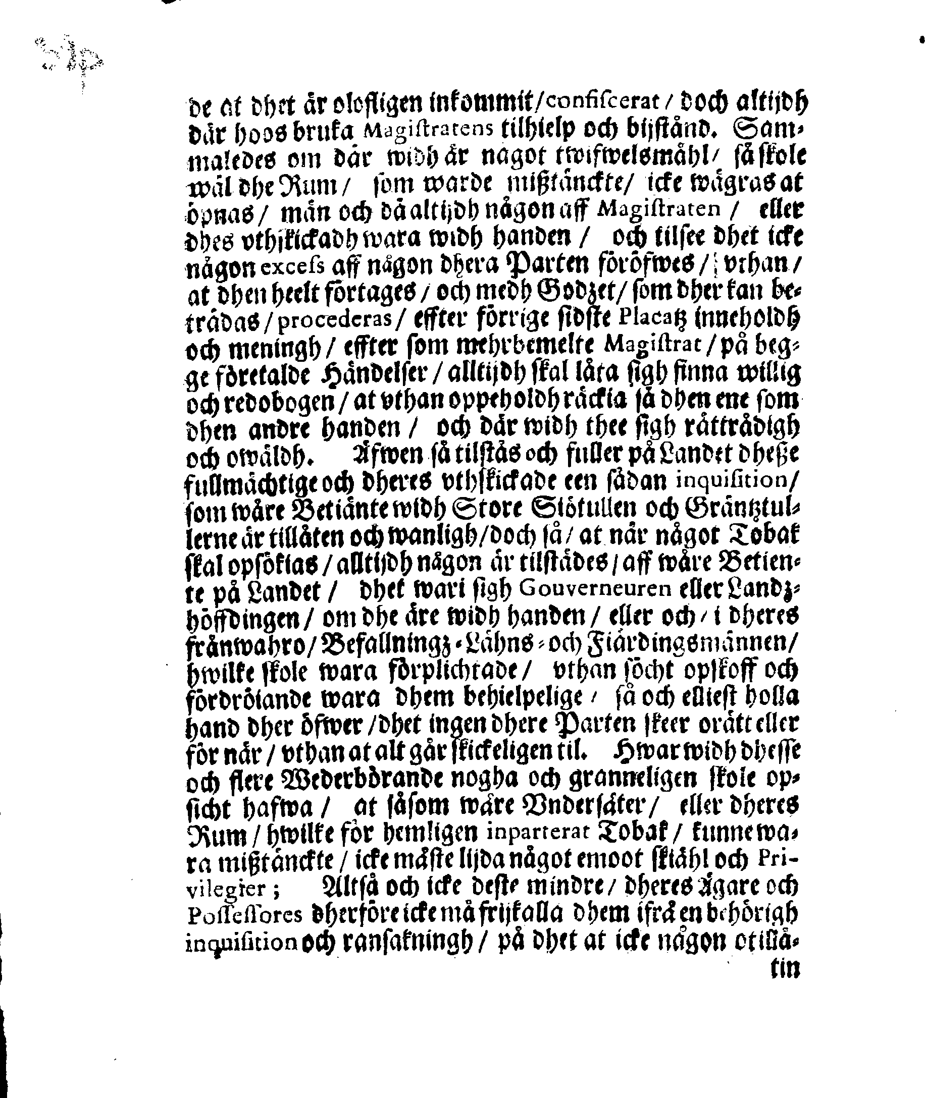 Kongl. May.tz PLACAT, Öfwer Tobackz Handelen