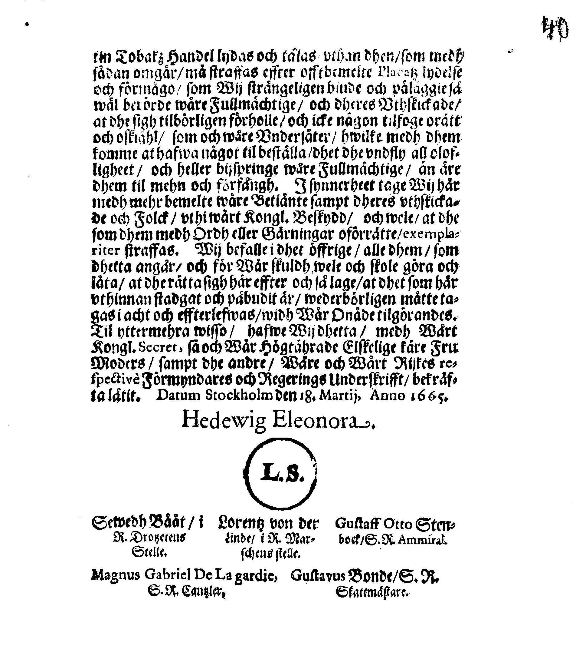 Kongl. May.tz PLACAT, Öfwer Tobackz Handelen