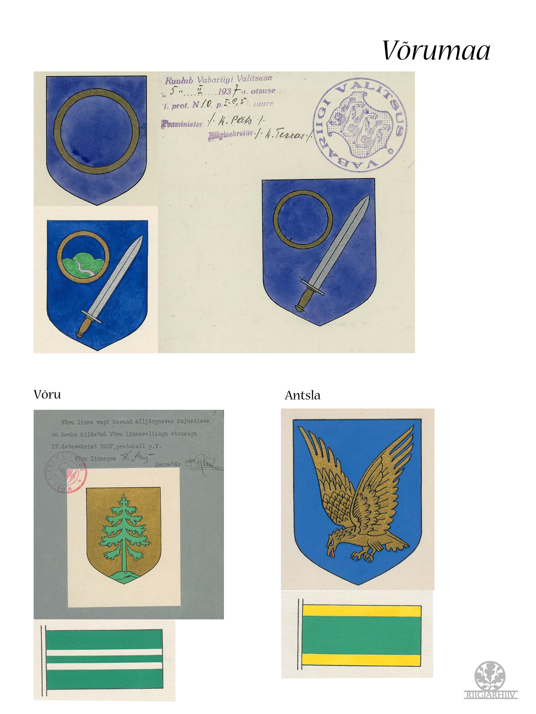 Võrumaa. Võru ja Antsla vapid ja lipud.