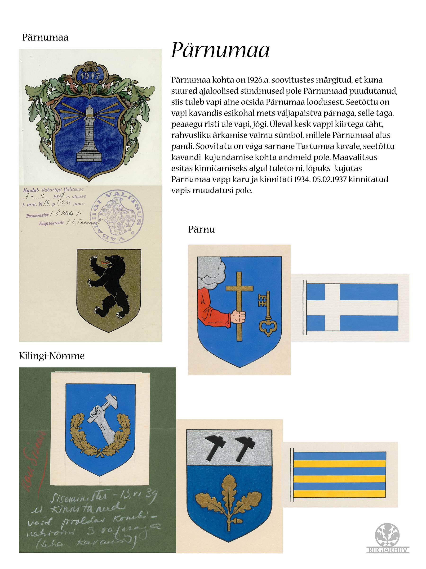 Pärnumaa. Pärnu ja Kilingi-Nõmme vapid ja lipud.