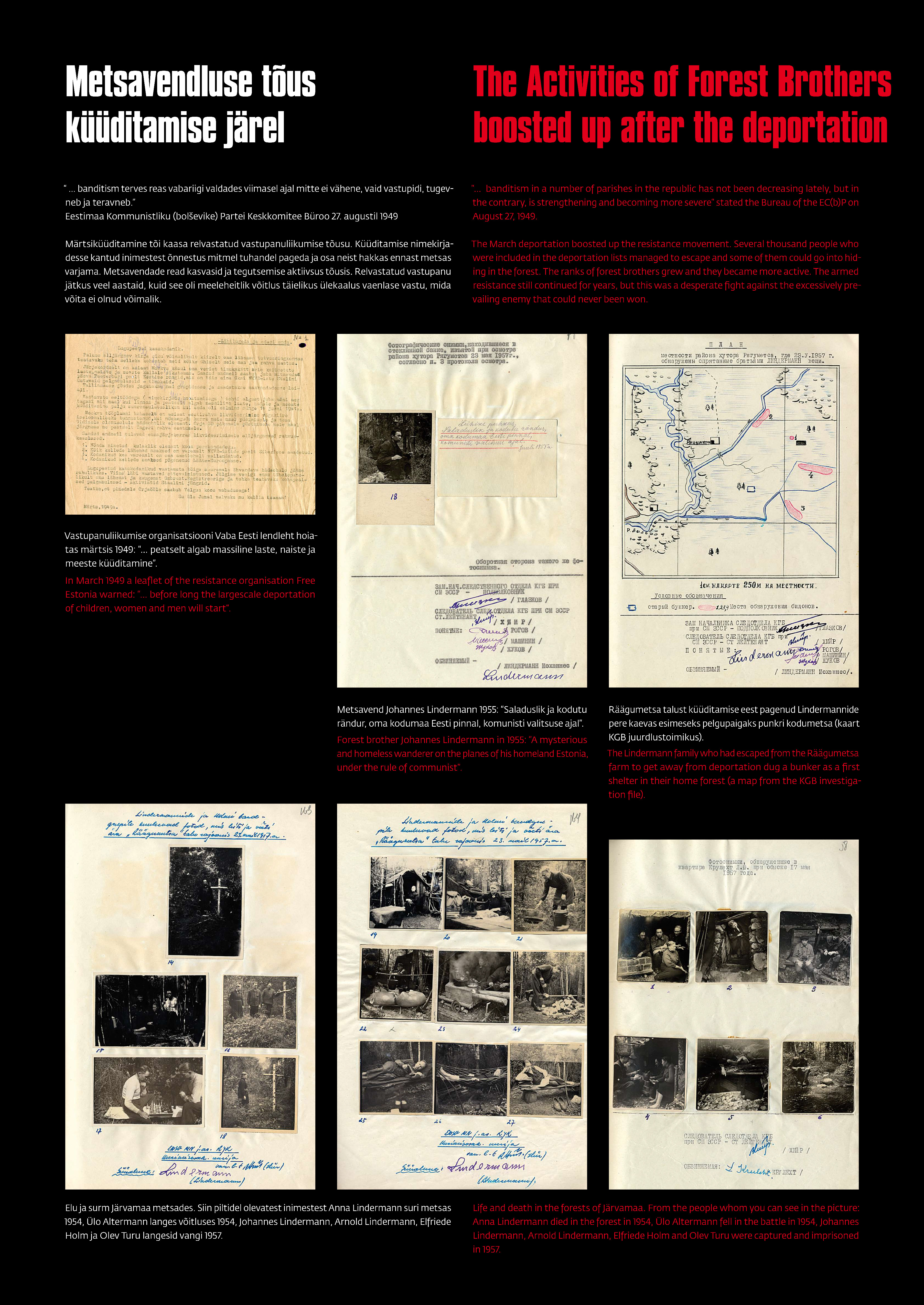 Metsavendadest. Vastupanuliikumise organisatsiooni Vaba Eesti lendleht. Pildid metsavendadest. Kaart KGB juurdlustoimikust.