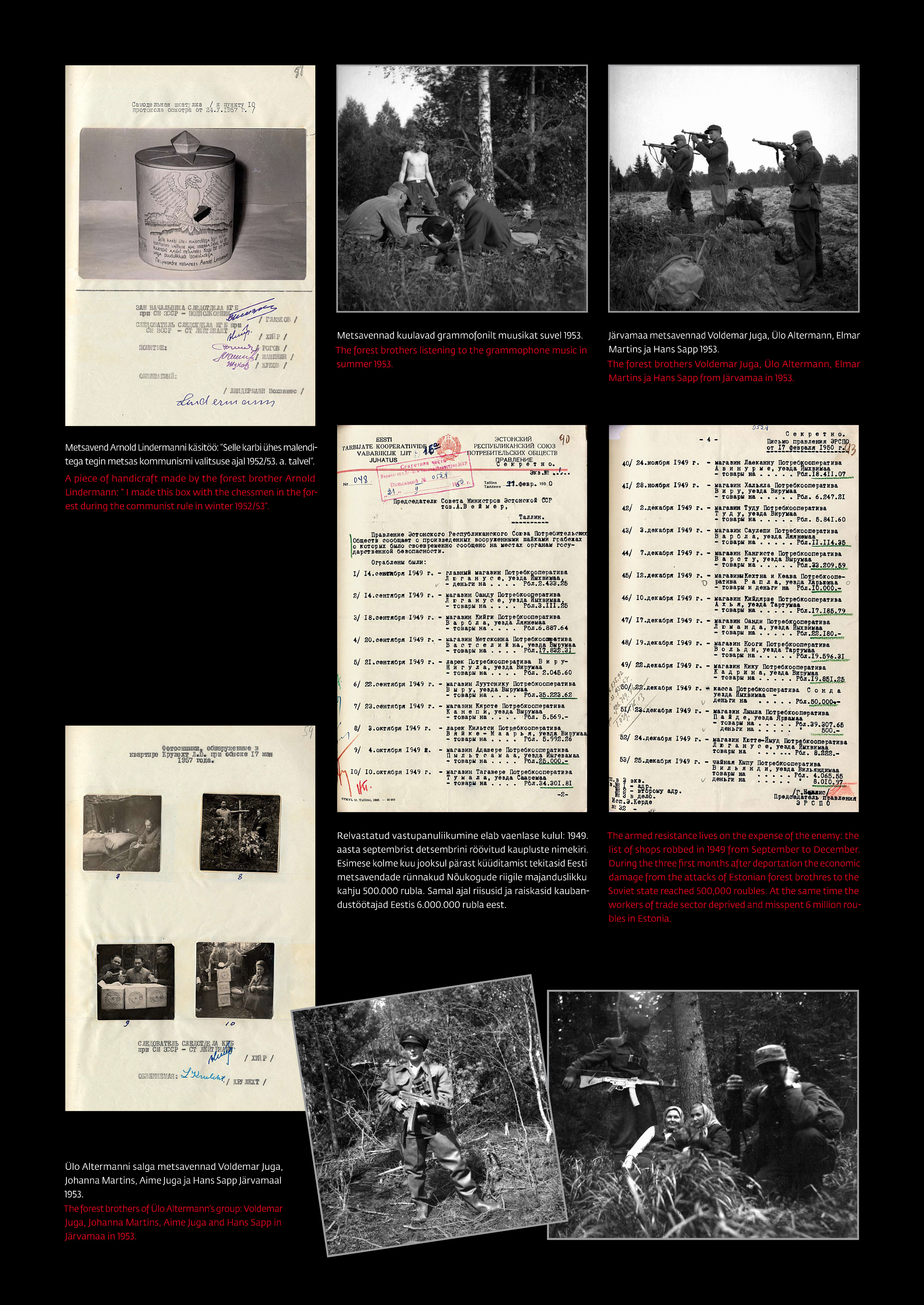 Metsavennad kuulamas grammofonilt muusikat. Metsavennad püssidega poseerimas. 1949. aasta septembrist detsembrini röövitud kaupluste nimekiri.