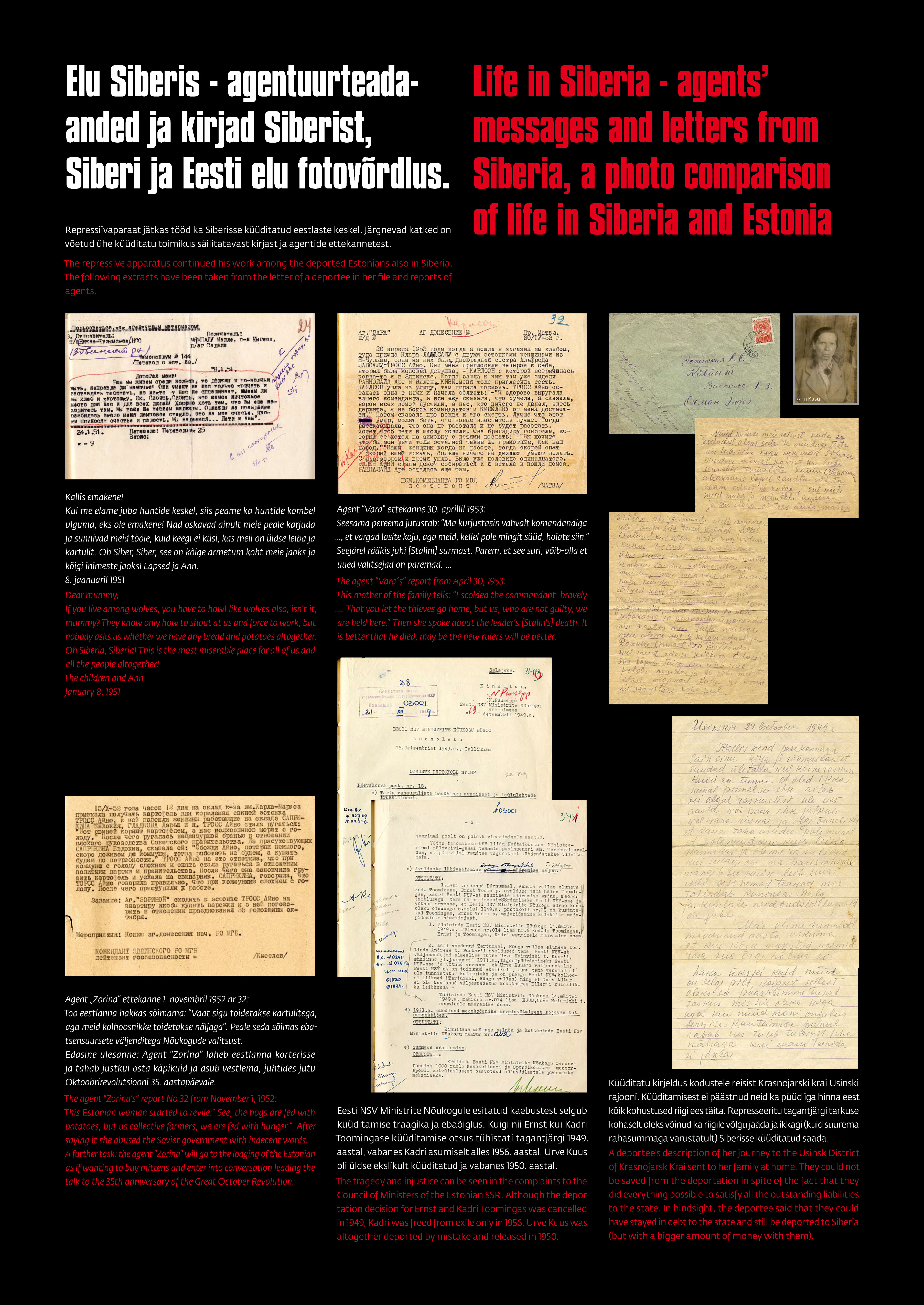 Siberisse küüditatute kirjad kodustele. Kaebused küüditamise traagikast ja ebaõiglusest.