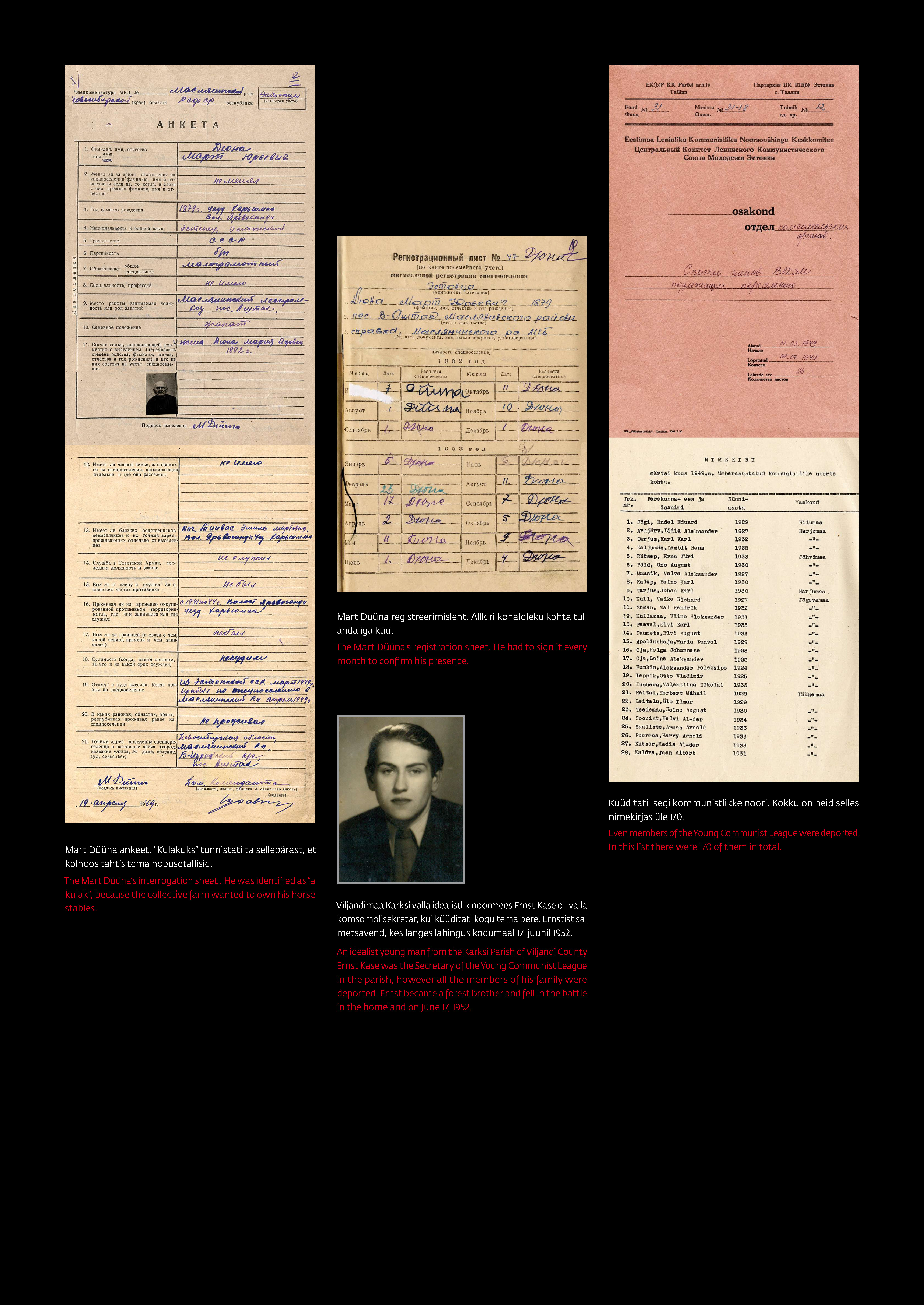 Küüditatud Mart Düüna ankeet ja registreemisleht. Portree metsavennast Ernst Kasest. Nimekiri ümberasumisele määratud kommunistlike noorte kohta.