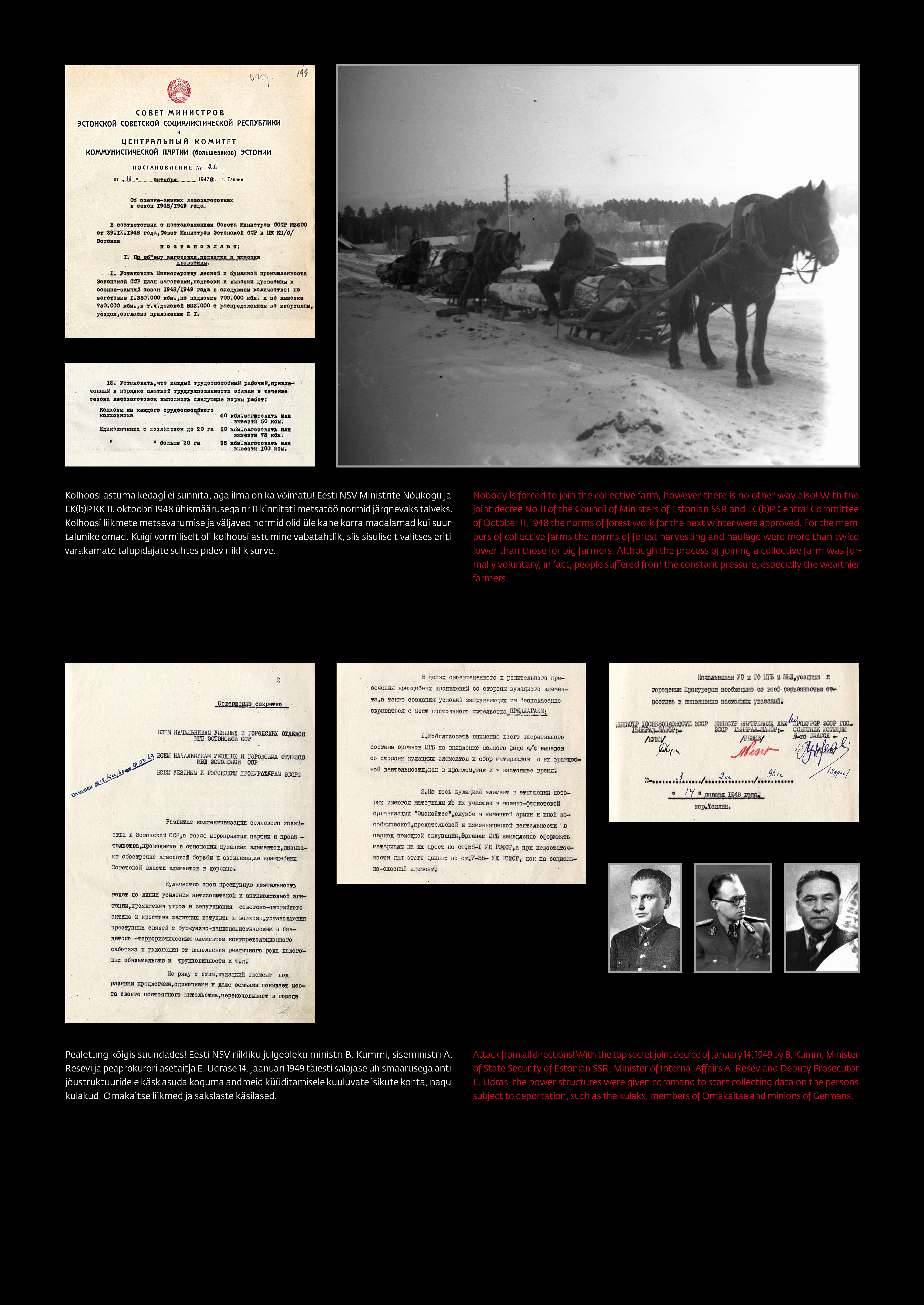 Tekst kolhoosi astumise vabatahtlikkusest ja käsust koguda andmeid küüditamisele kuuluvatele isikute kohta. Näited dokumentidest. Foto talvel saani vedavatest tööhobustest.