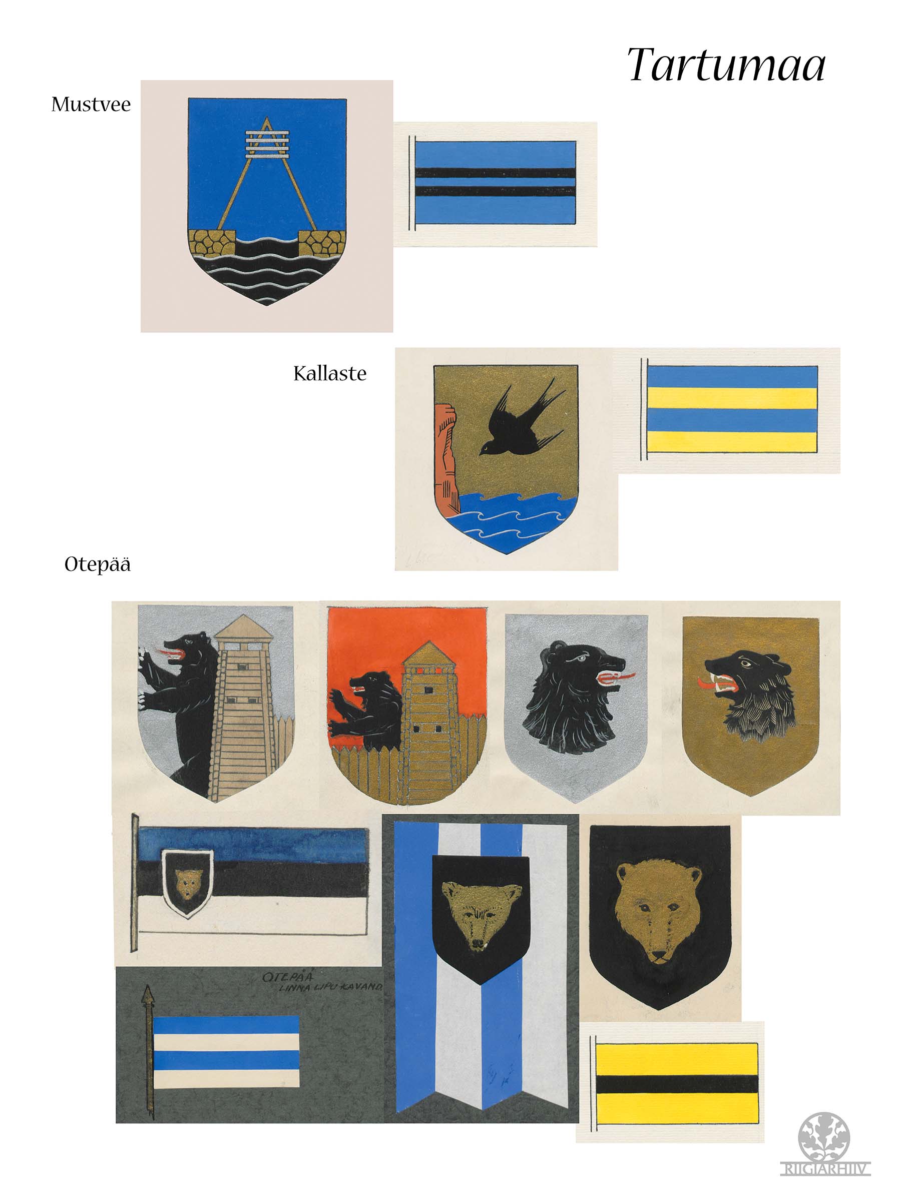 Tartumaa. Mustvee, Kallaste ja Otepää vapid ja lipud.