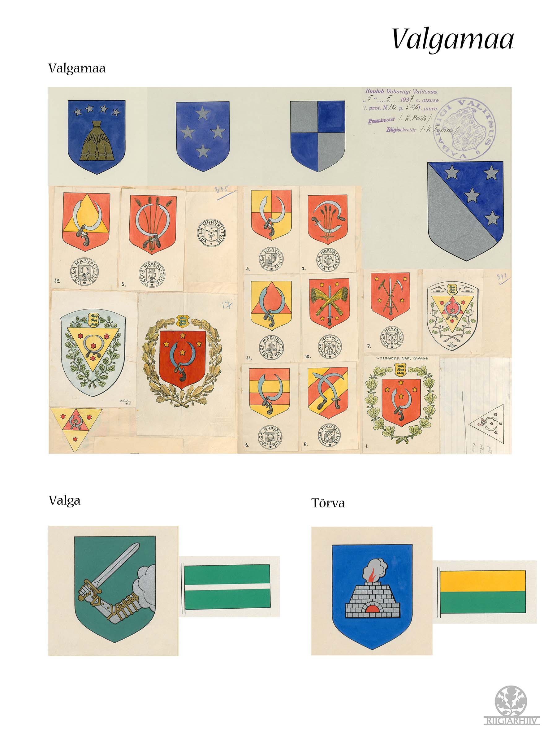 Valgamaa. Valga ja Tõrva vapid ja lipud.