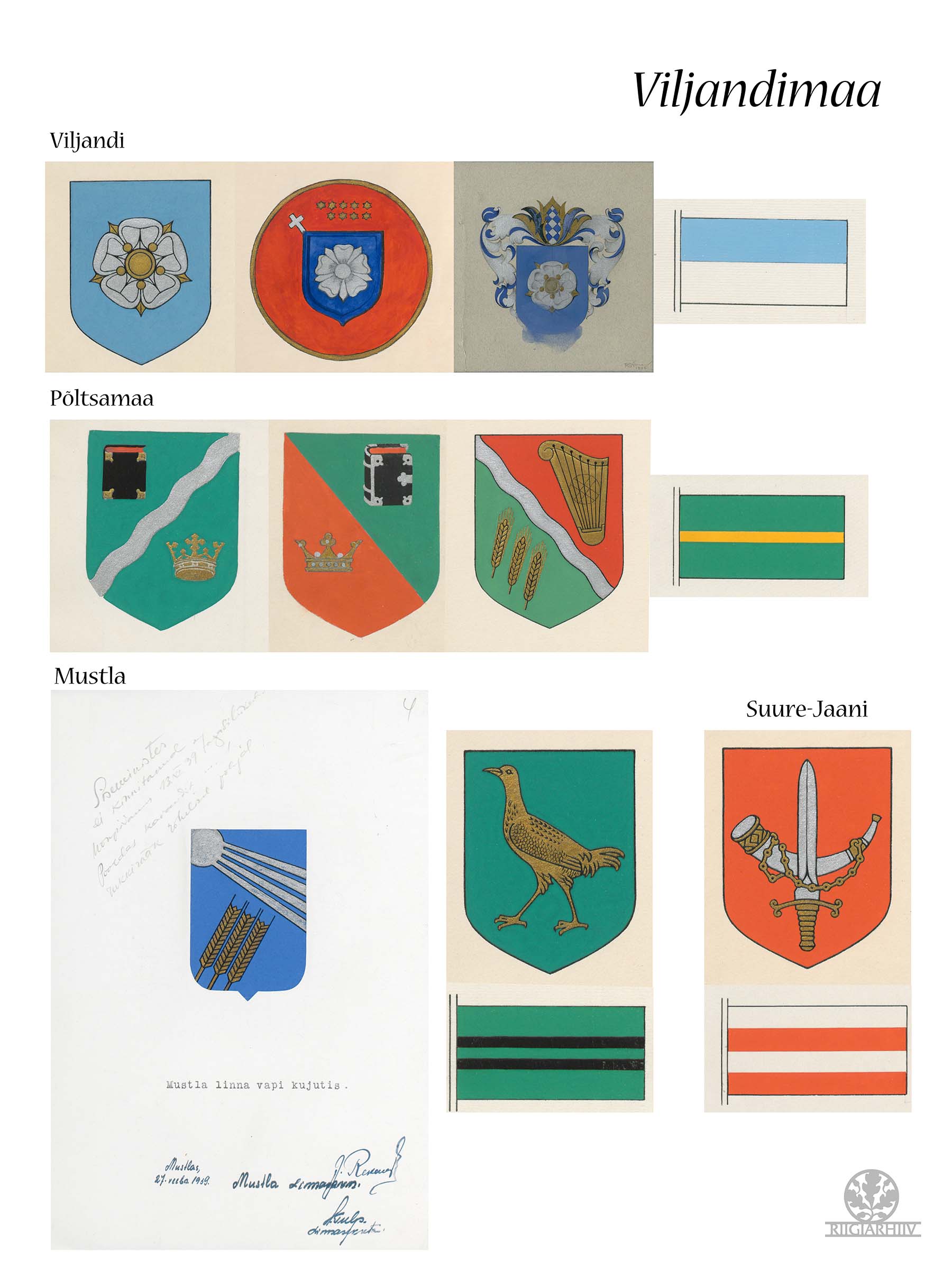 Viljandimaa. Viljandi, Põltsamaa, Mustla ja Suure-Jaani vapid ja lipud.